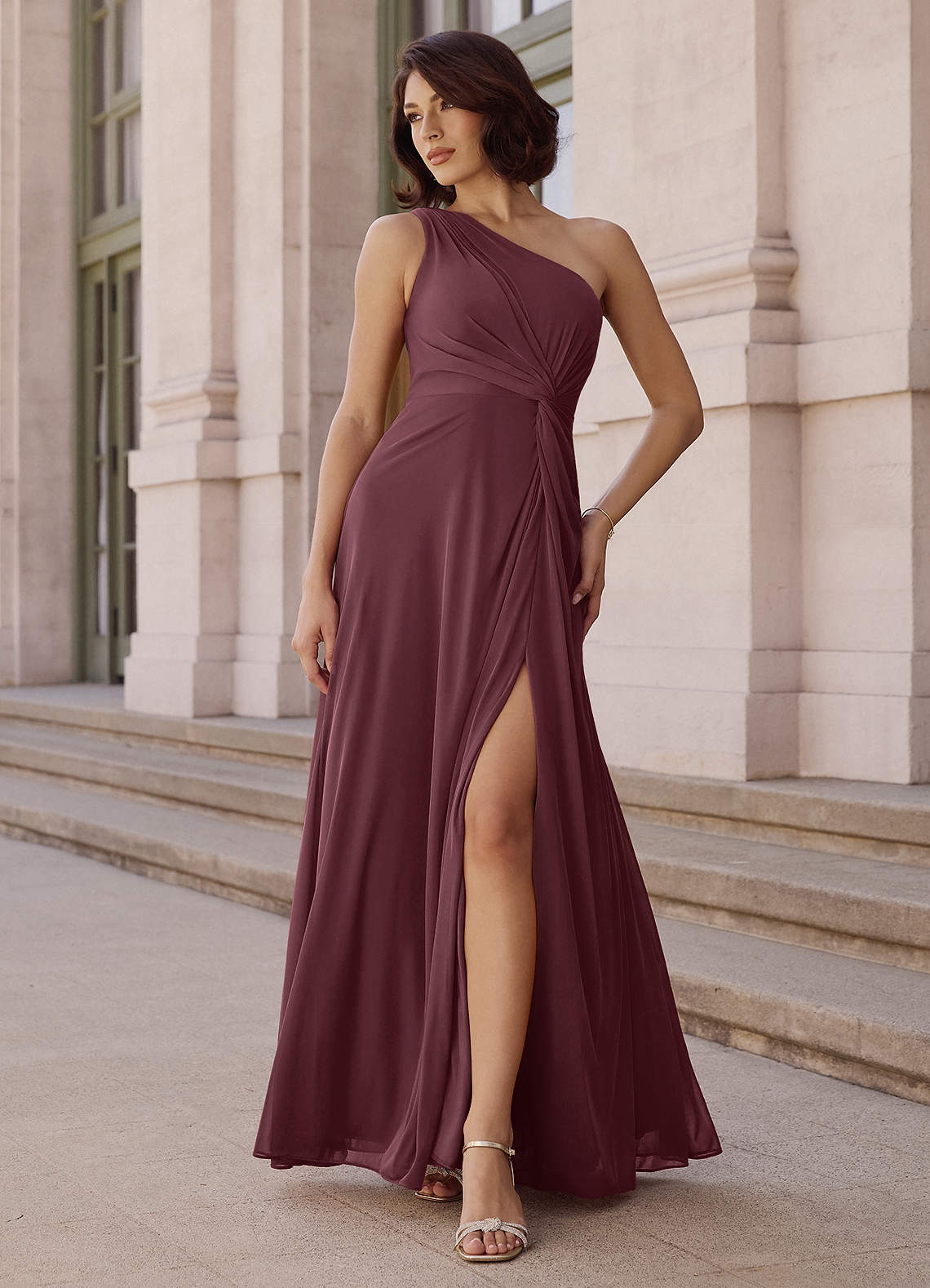 Brooke A-Line One-Shoulder Chiffon Bridesmaid Dress in Sangria