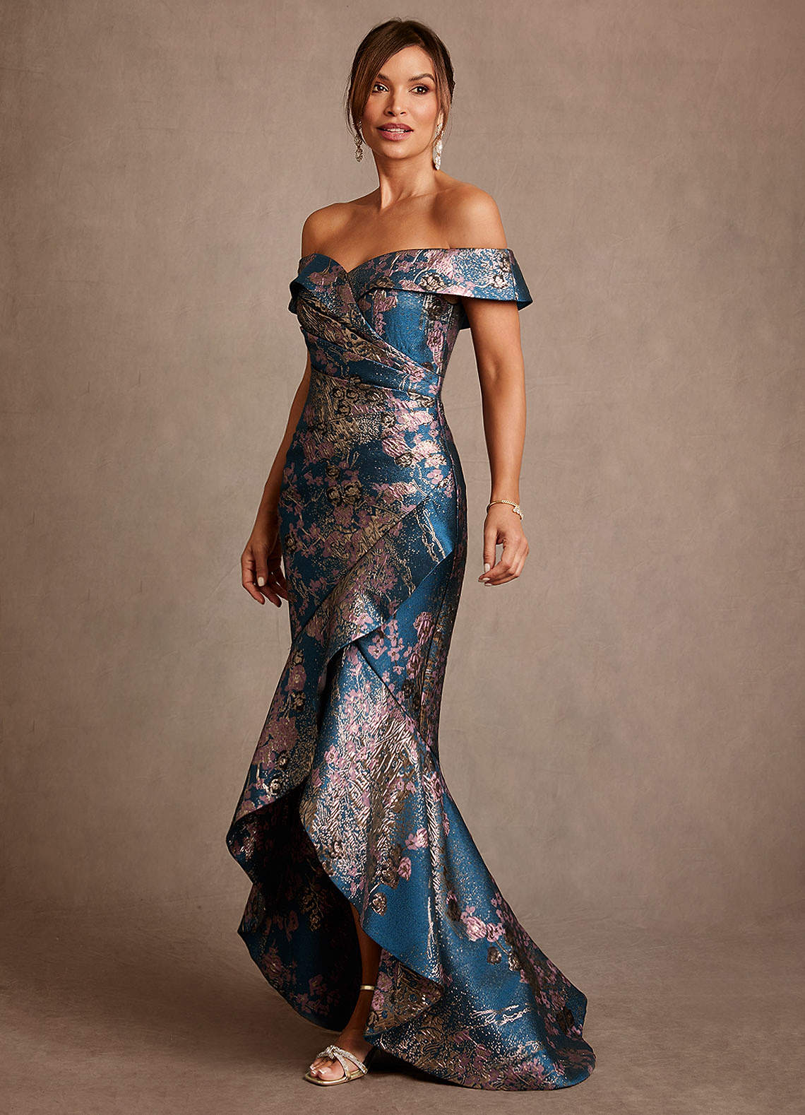 Winnetka Mermaid Off-the-Shoulder Jacquard Mother of the Bride Dress in Teal Floral