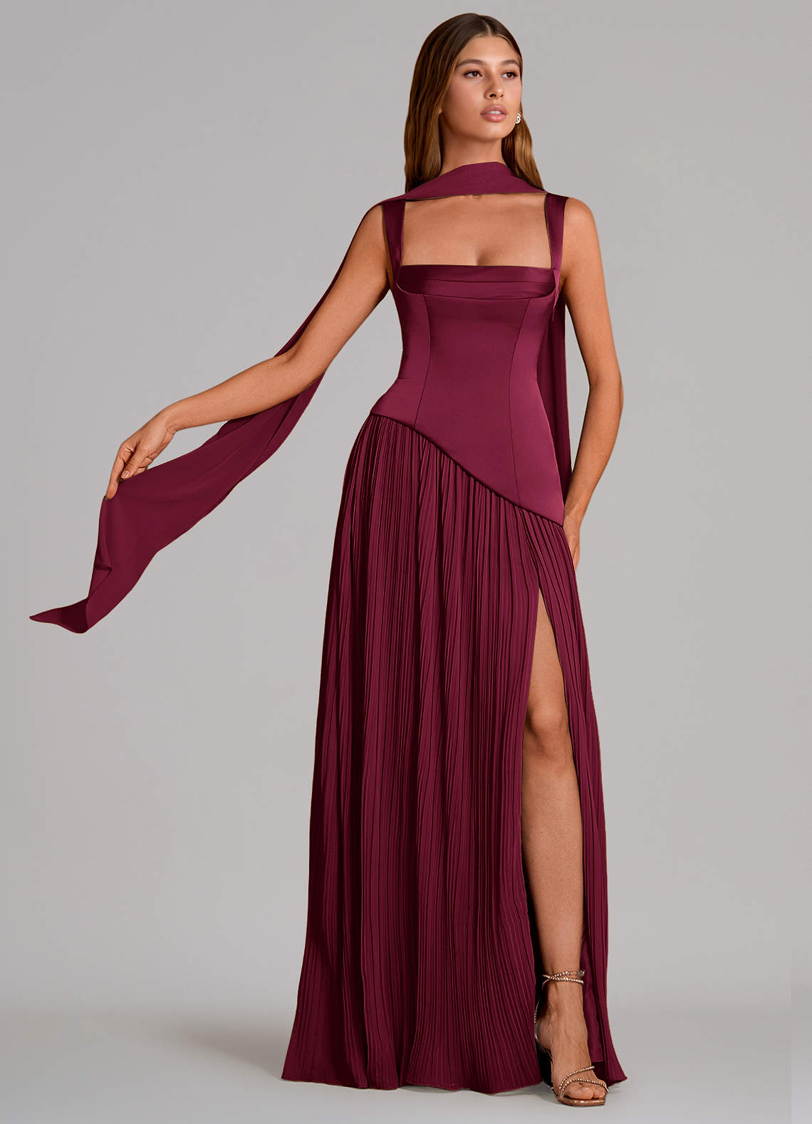 Stephanie A-Line Square-Neck Stretch Satin and Chiffon Bridesmaid Dress in Burgundy