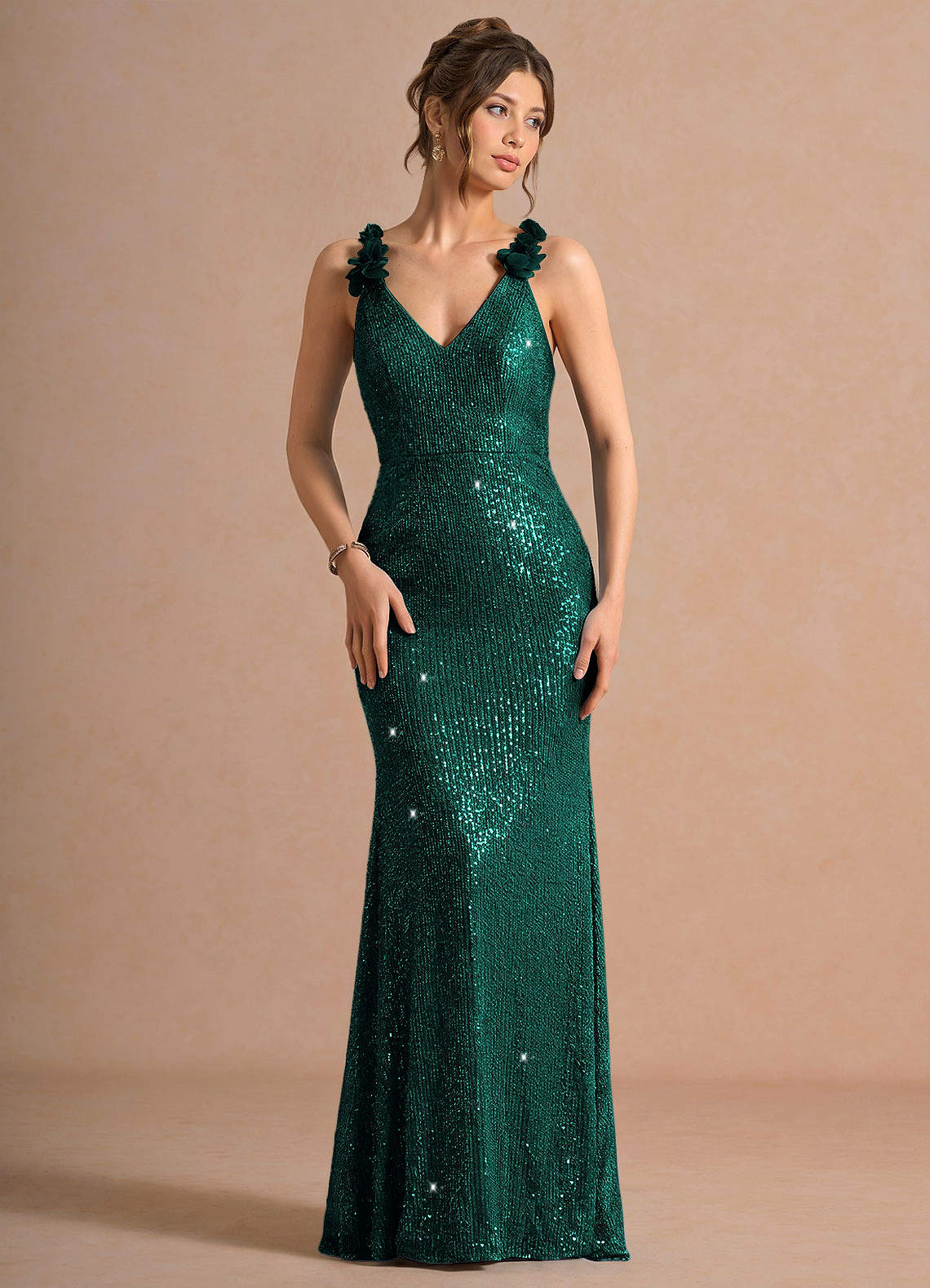 Selara Open-Back Floral Sequin Chiffon Evening Dress in Hunter Green