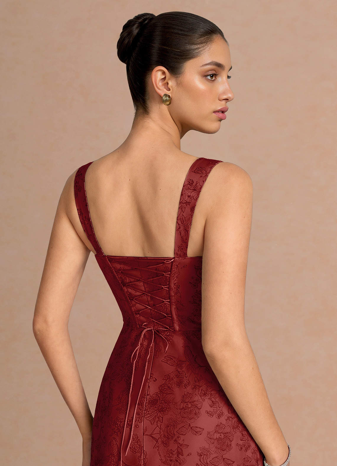 Agustina Square-Neck Pleated Jacquard Evening Dress in Orange Red