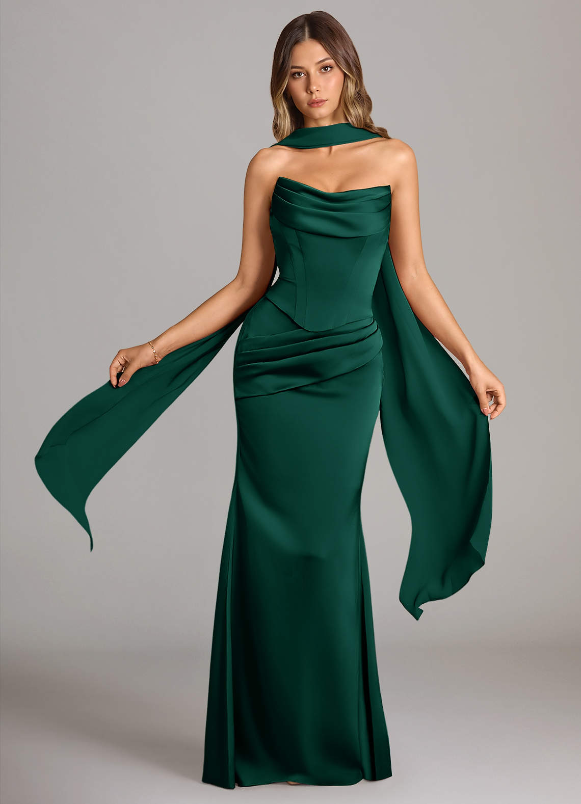 Sorrel Mermaid Cowl-Neck Stretch Satin and Chiffon Bridesmaid Dress in Emerald