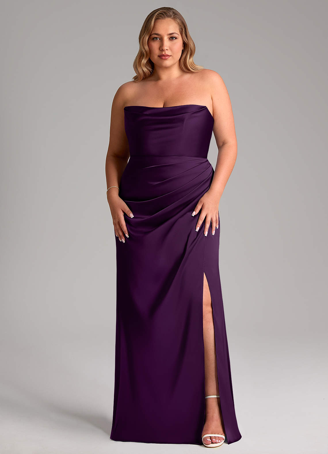 Leonis Mermaid Cowl-Neck Stretch Satin Bridesmaid Dress in Grape