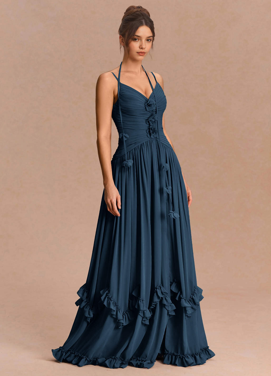 Eulalie A-Line Floral-Appliqué Chiffon Evening Dress in Navy