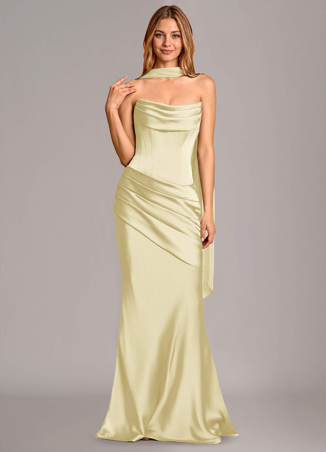Pelagia Mermaid Cowl-Neck Stretch Satin Bridesmaid Dress in Lemon Sorbet
