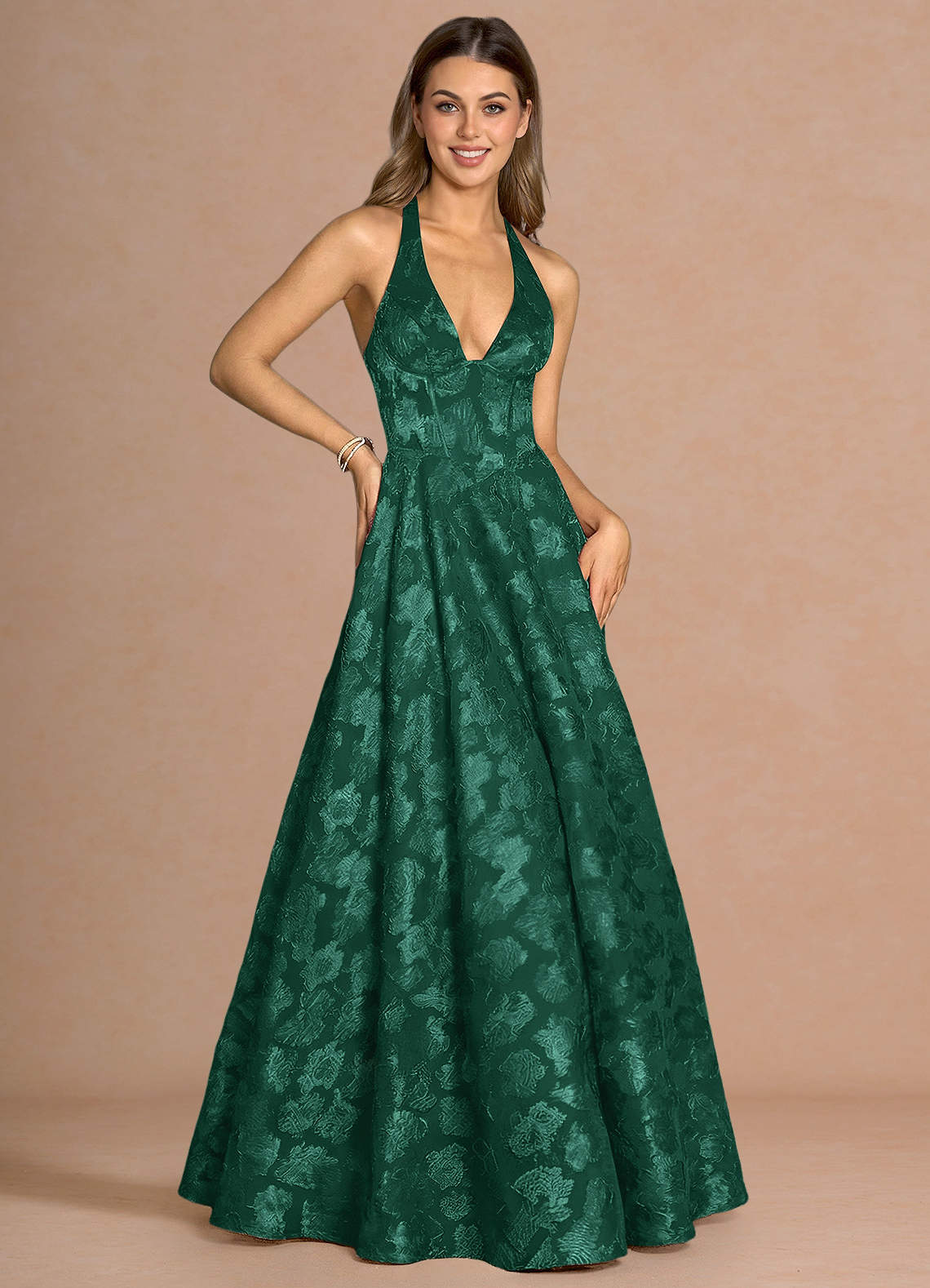 Isabeau A-Line V-Neck Fil Coupé Evening Dress in Hunter Green