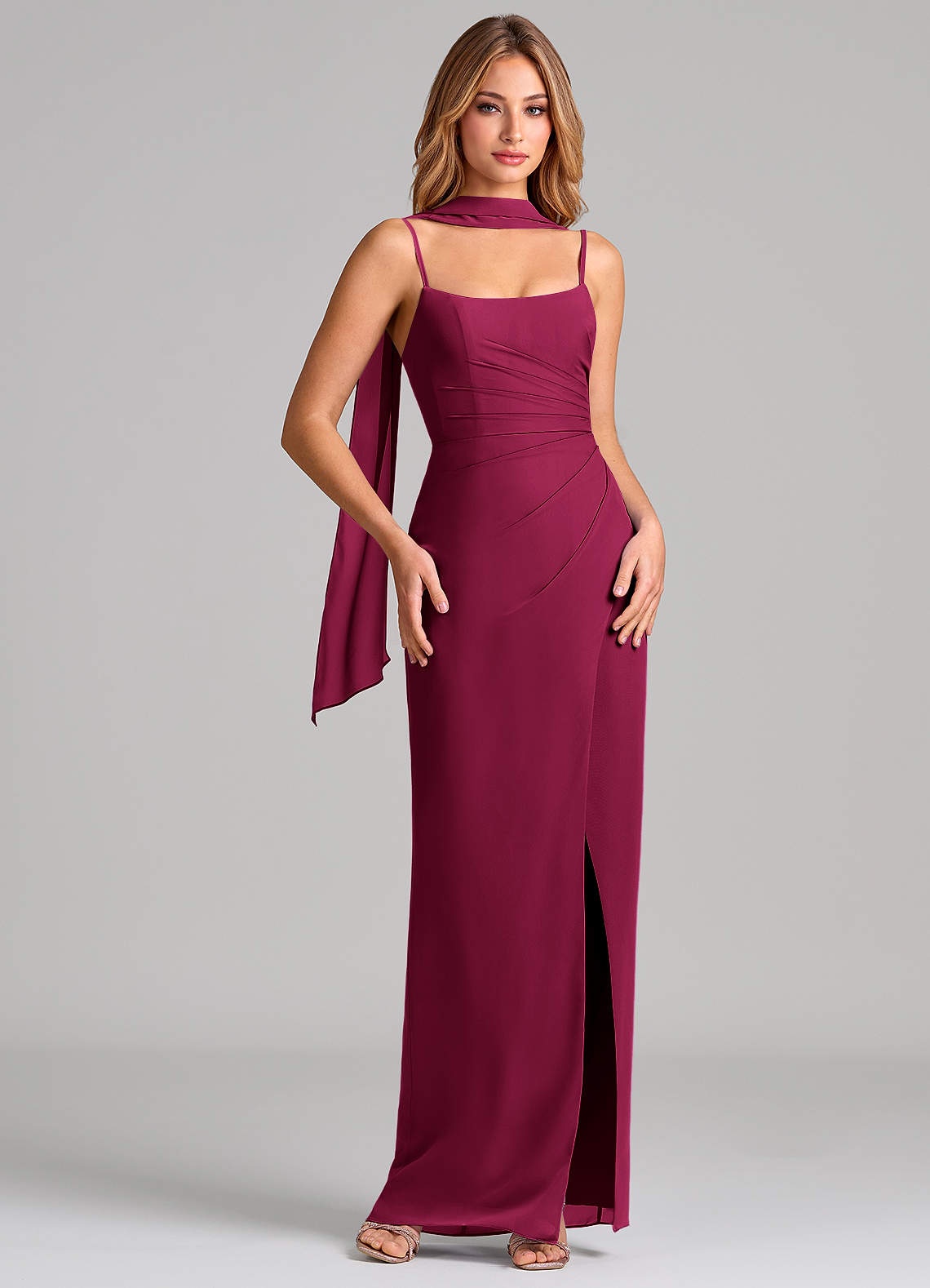 Calandra Sheath Scoop-Neck Chiffon Bridesmaid Dress in Burgundy