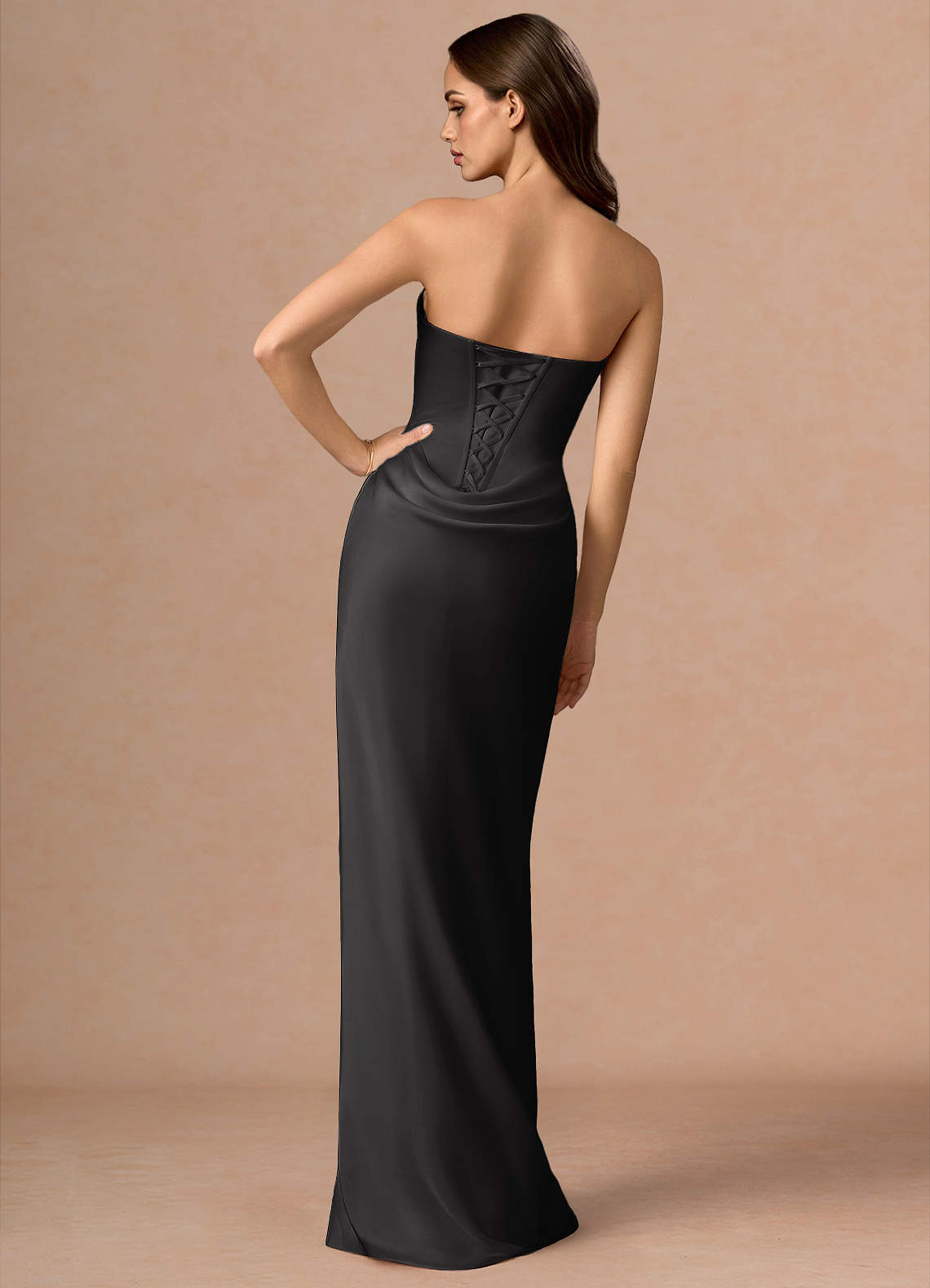 Valencia Scarf Lace-Up Stretch Satin Evening Dress in black