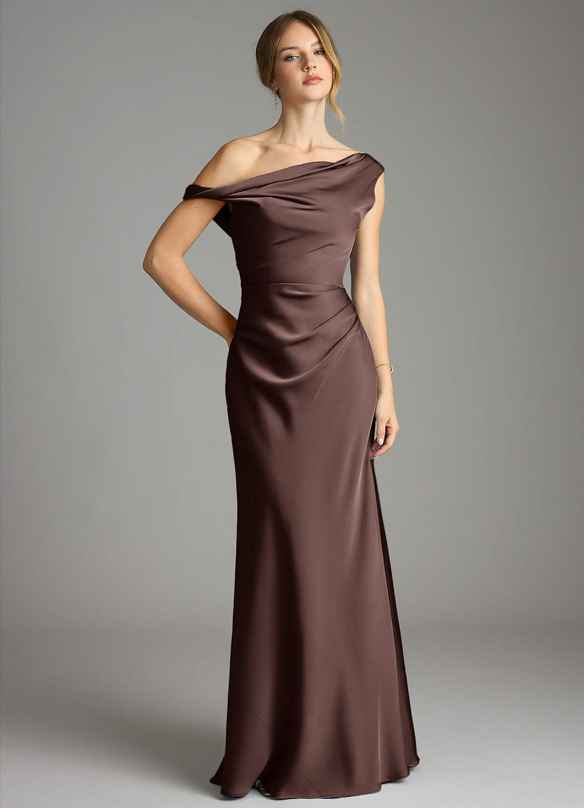 Emerson Mermaid One-Shoulder Stretch Satin Bridesmaid Dress in Ganache