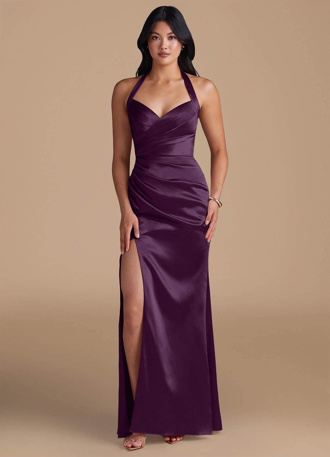Emeria Sheath Halter Metallic Satin Bridesmaid Dress in Plum