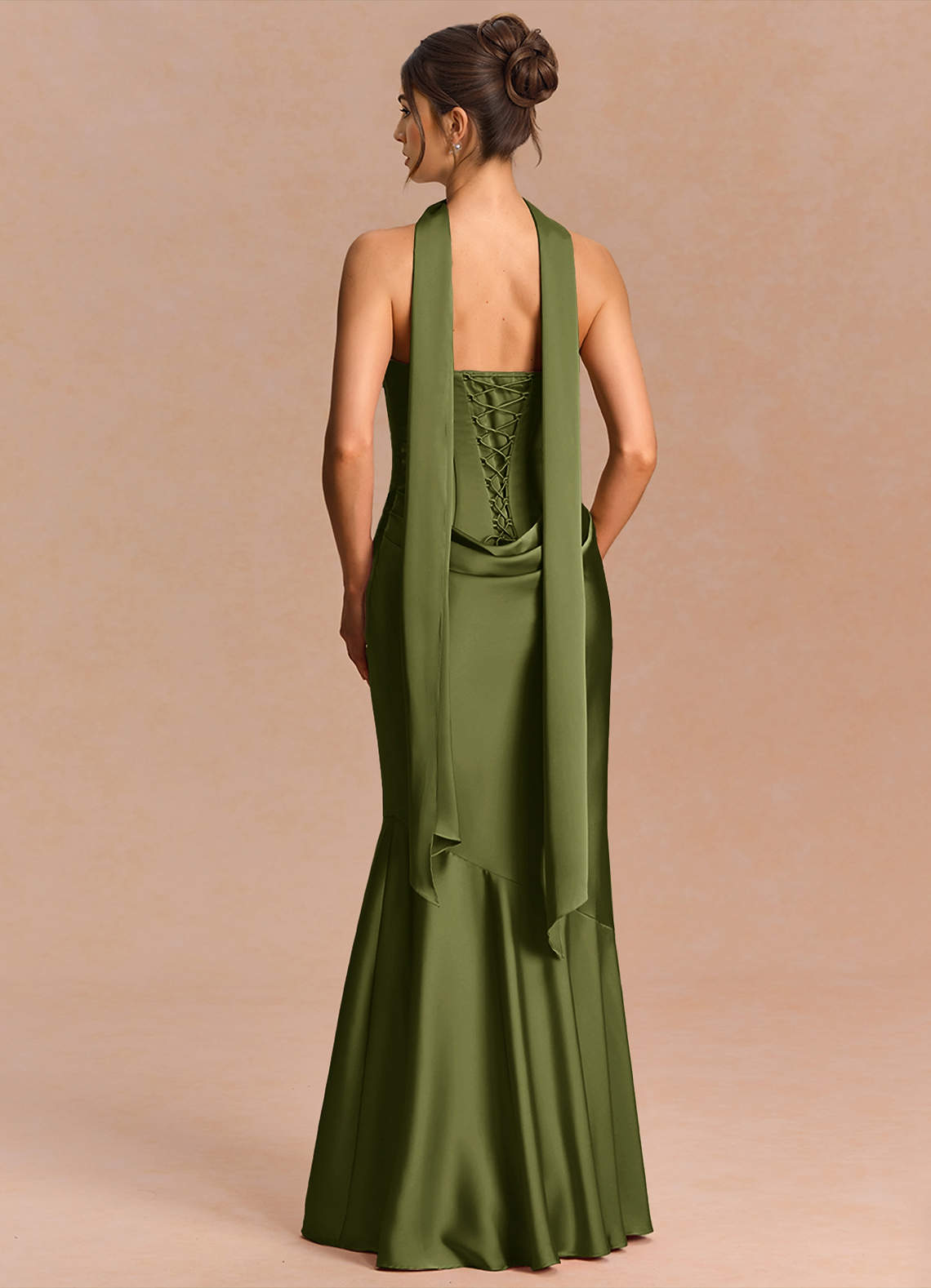 Euphemia Mermaid Strapless Stretch Satin Evening Dress in Olive