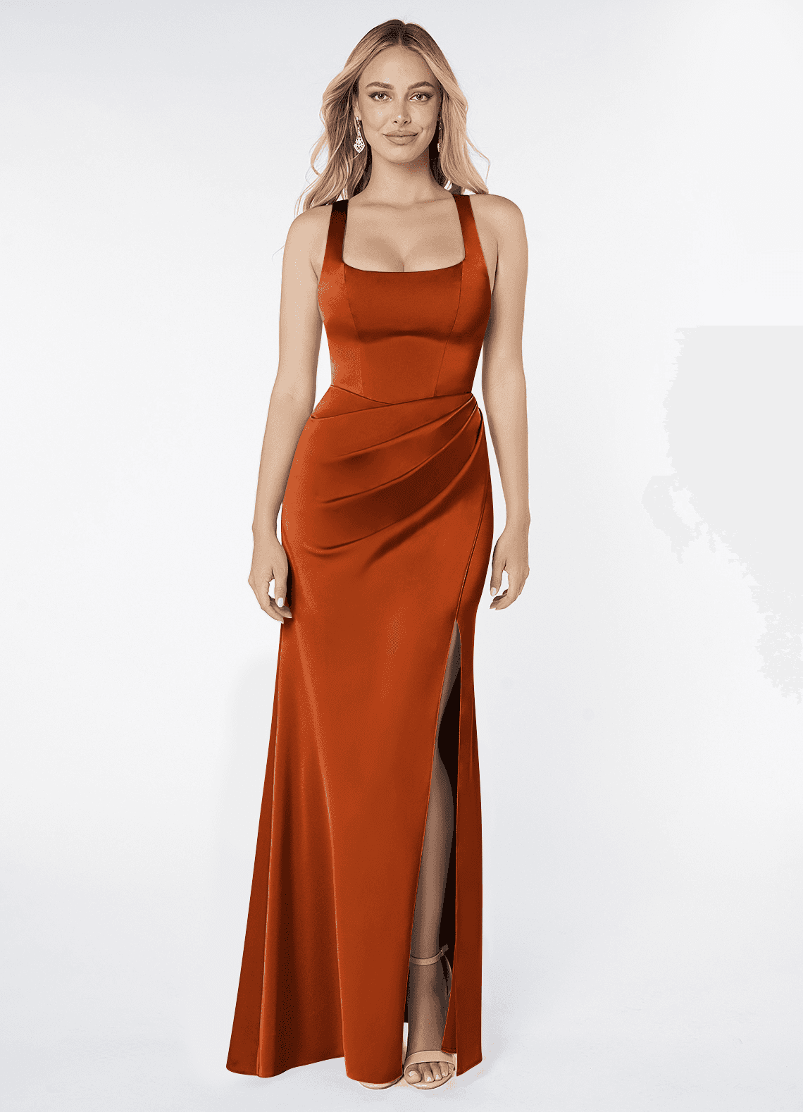 Mero Mermaid Square-Neck Stretch Satin Bridesmaid Dress in Burnt Orange