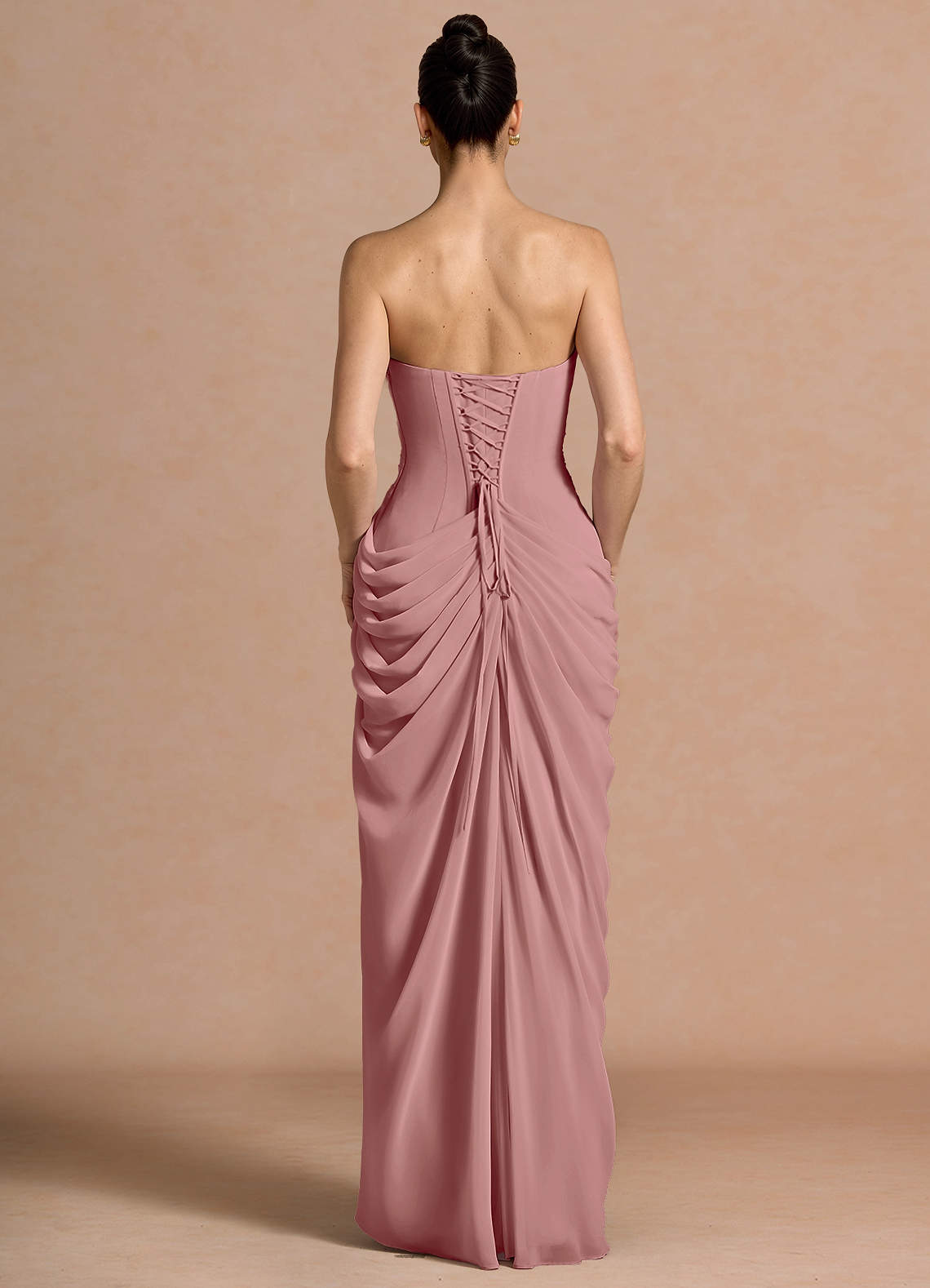 Kaavia Column Pleated Chiffon Maxi Evening Dress in Dusty Pink