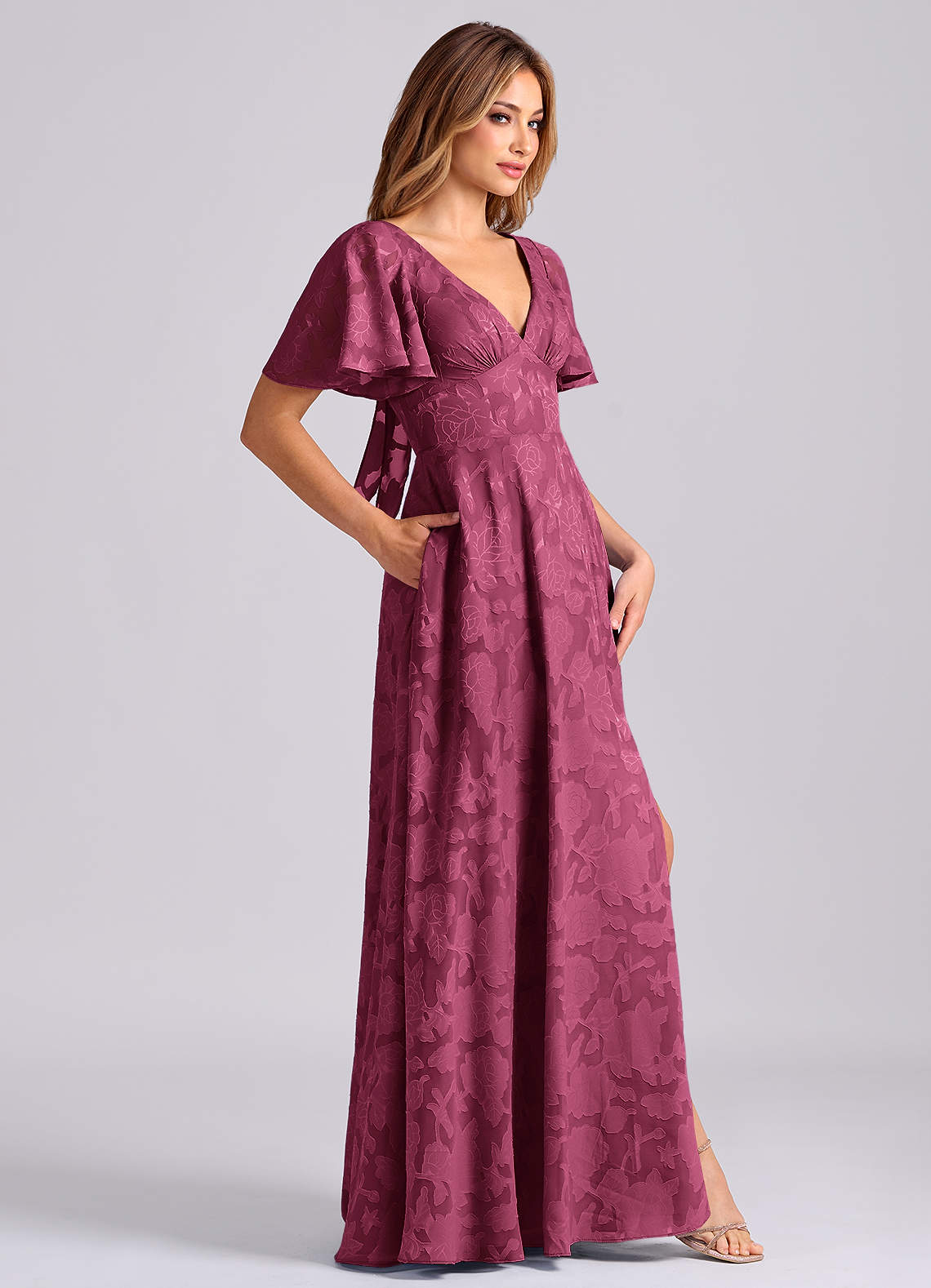 Kimber A-Line V-Neck Floral Burnout Bridesmaid Dress in Mulberry
