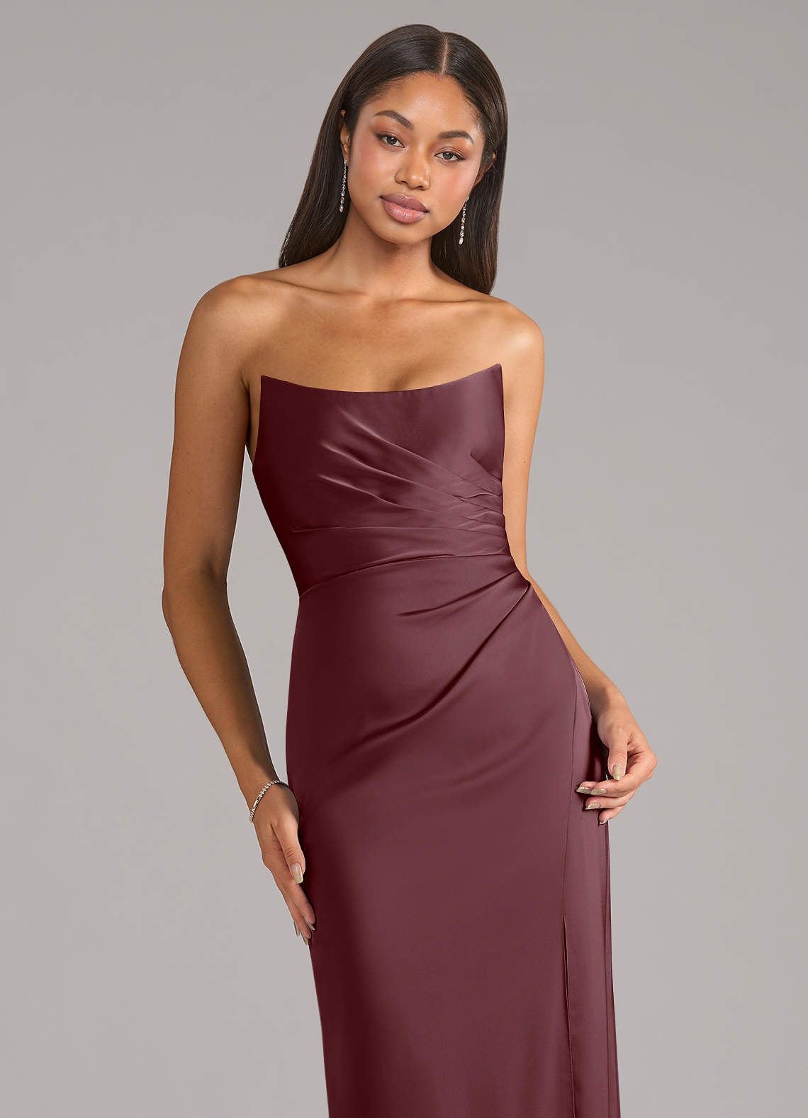 Marla Sheath Strapless Stretch Satin Bridesmaid Dress in Sangria