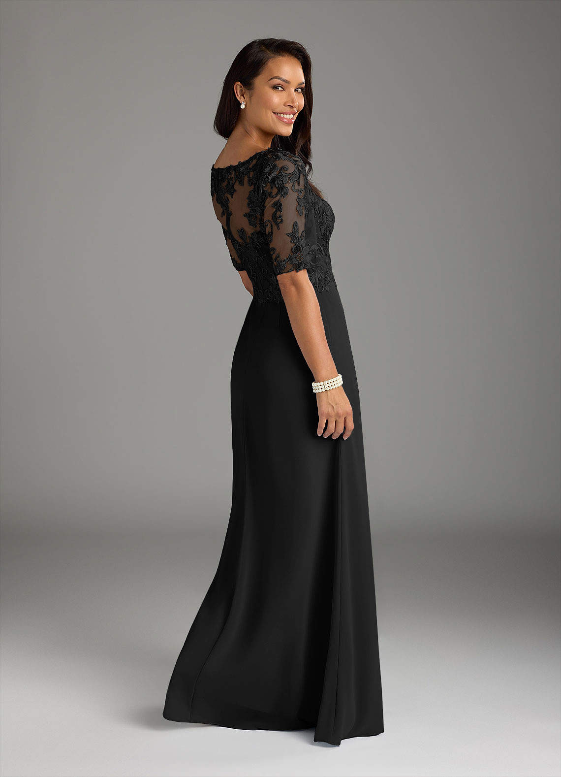 Amedeus A-Line V-Neck Chiffon and Lace Mother of the Bride Dress in black