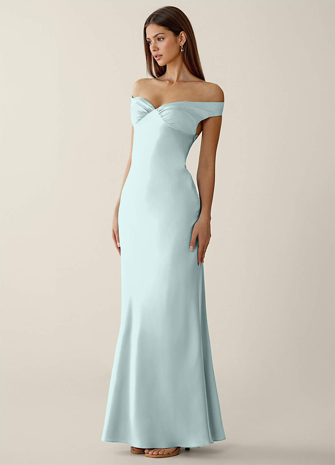 Gwendonme Sheath Off-the-Shoulder Satin Crystal Linen Evening Dress in Mist