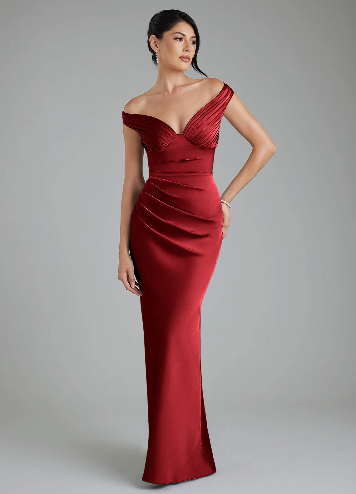 Stella Sheath V-Neck Stretch Satin Bridesmaid Dress in Scarlet