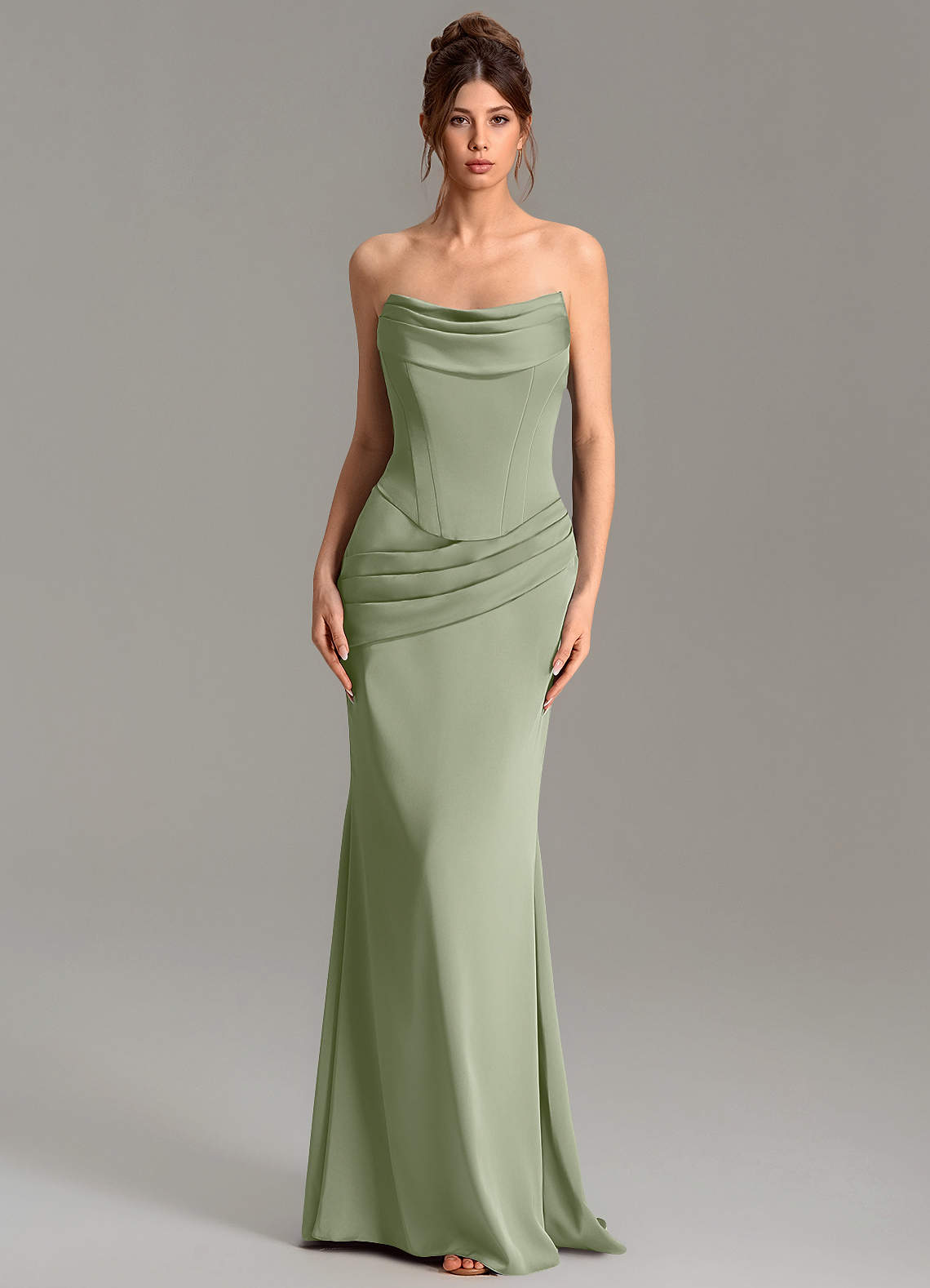 Adrienne Mermaid Cowl-Neck Stretch Satin Bridesmaid Dress in Pistachio