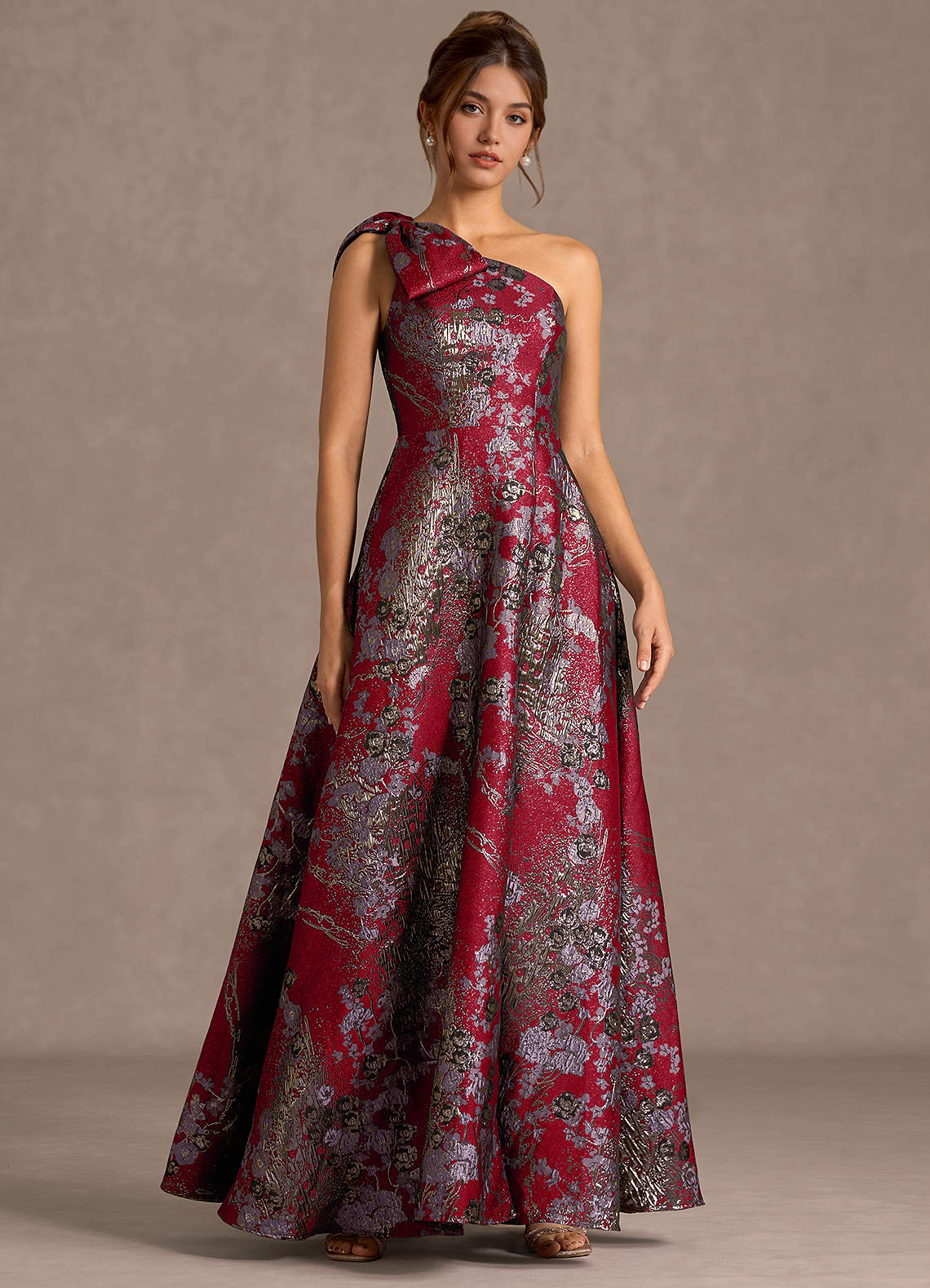 Jonelle A-Line One-Shoulder Metallic Jacquard Evening Dress in Mocha Coco