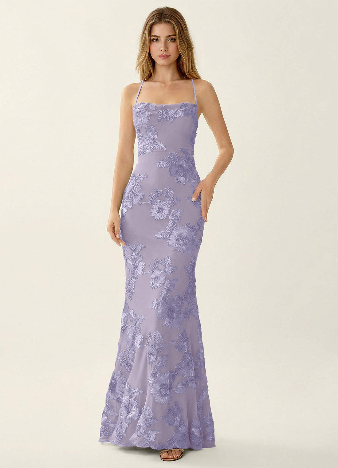 Kailani Mermaid Spaghetti-Strap Lace Evening Dress in Pale Purple