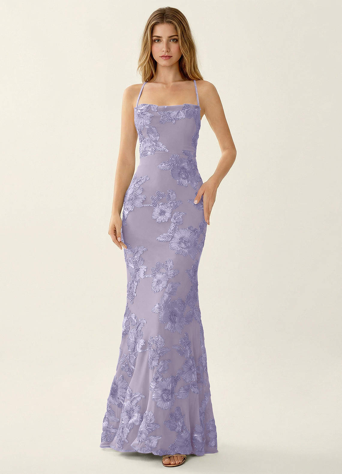 Kailani Mermaid Spaghetti-Strap Lace Evening Dress in Pale Purple