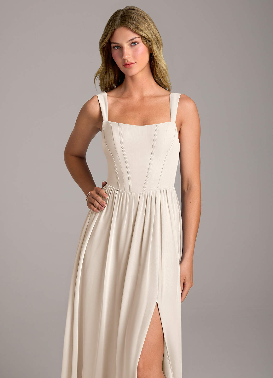 Rosaline A-Line Square-Neck Chiffon Bridesmaid Dress in White Alabaster