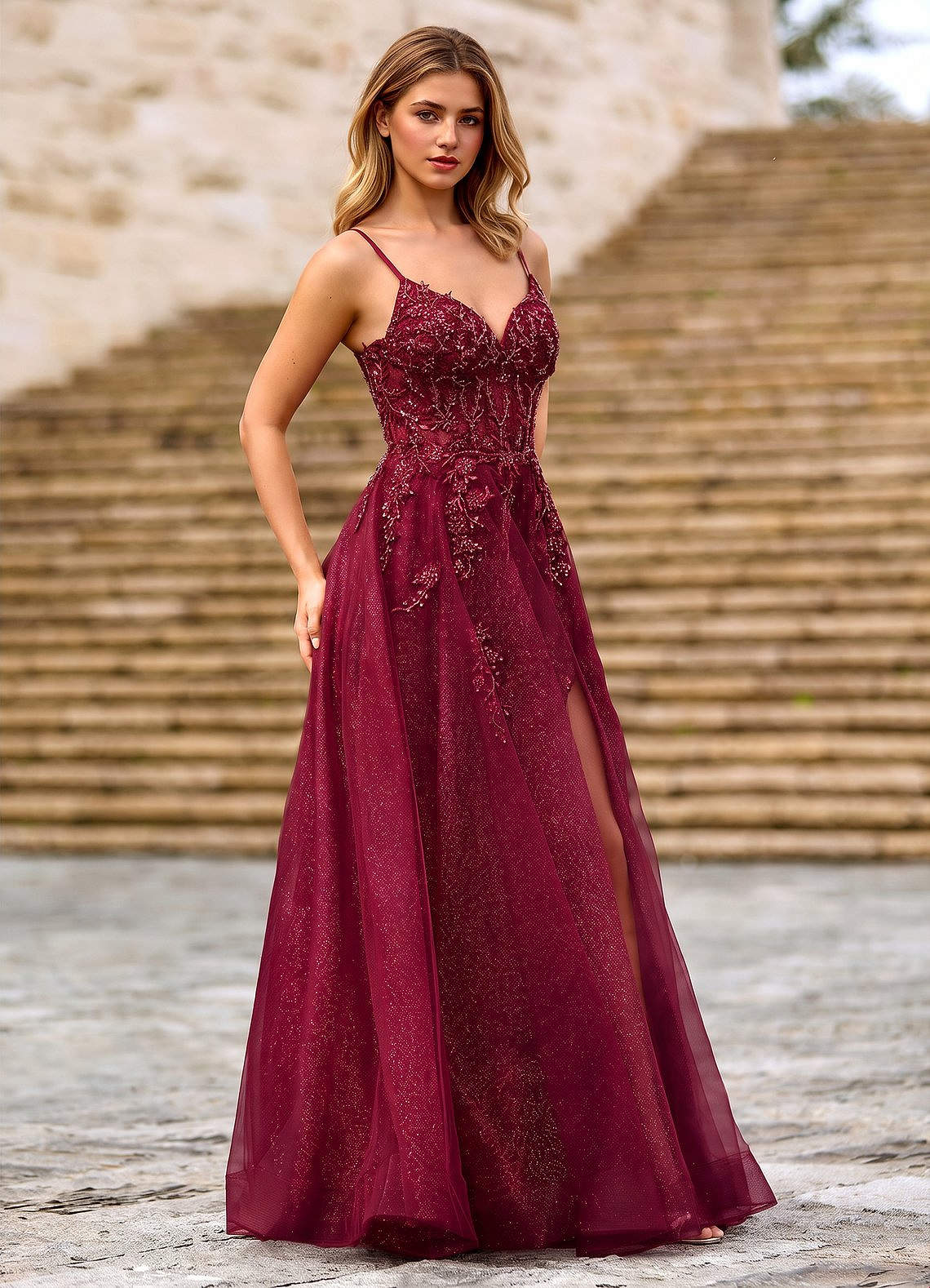 Milliener A-Line V-Neck Tulle Evening Dress in Burgundy