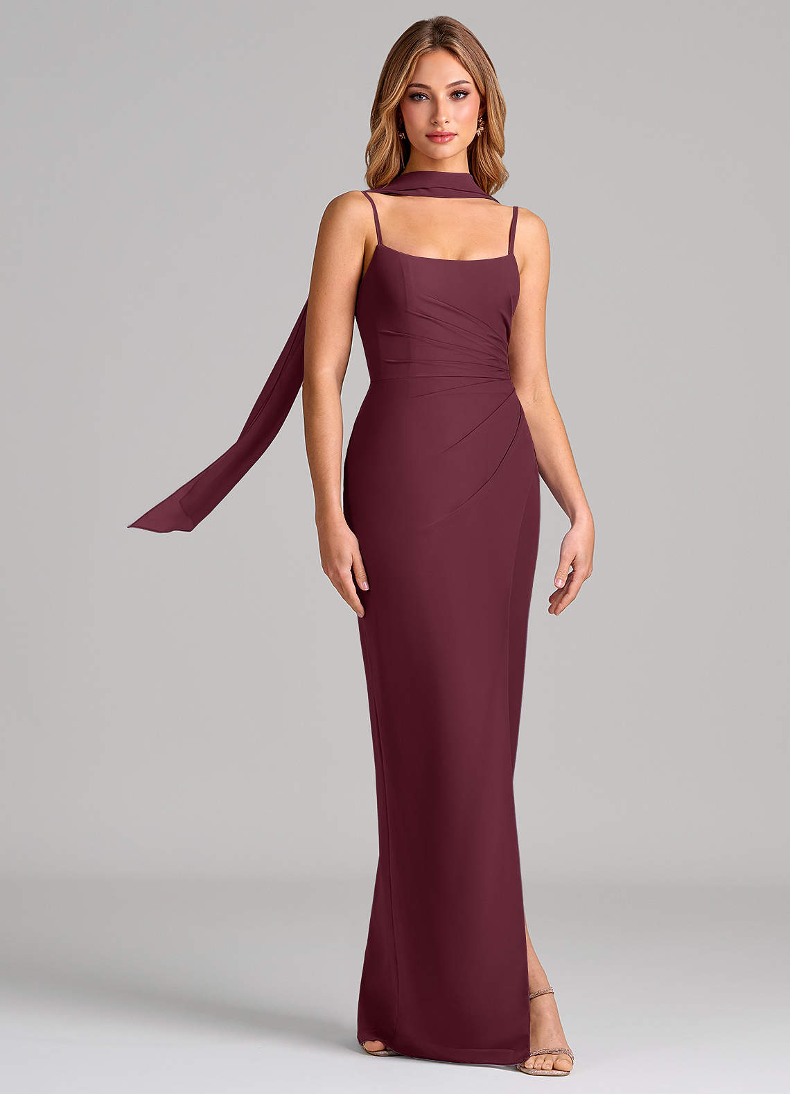 Calandra Sheath Scoop-Neck Chiffon Bridesmaid Dress in Cabernet