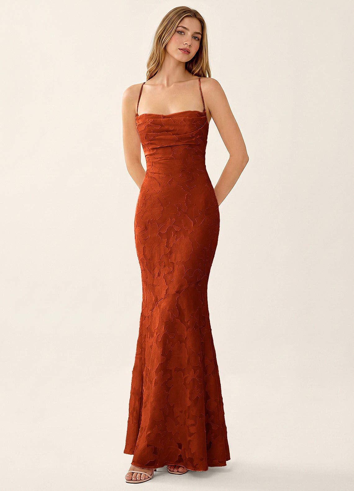 Natasha Mermaid Spaghetti-Strap Floral Burnout Evening Dress in Paprika
