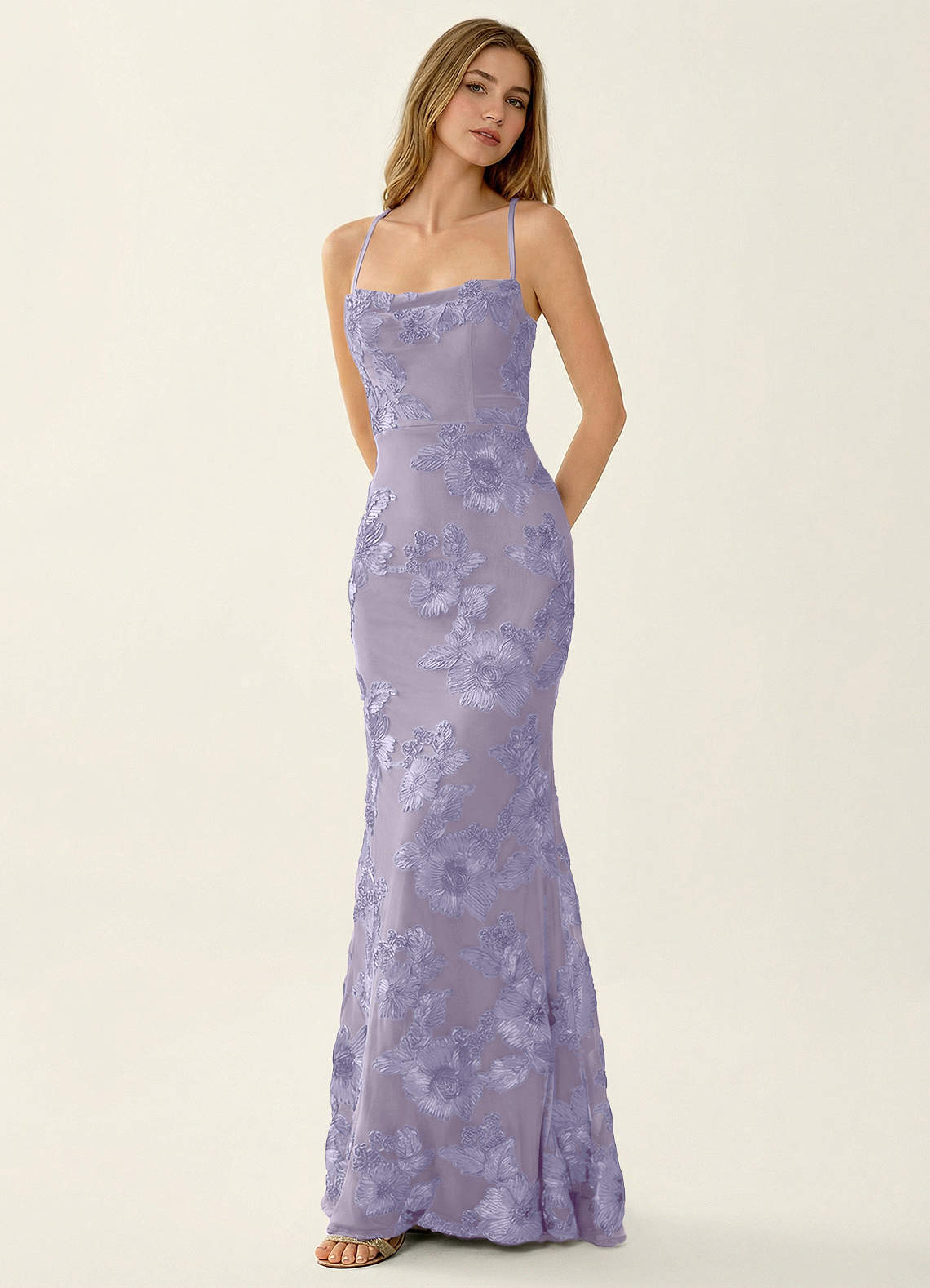 Kailani Mermaid Spaghetti-Strap Lace Evening Dress in Pale Purple
