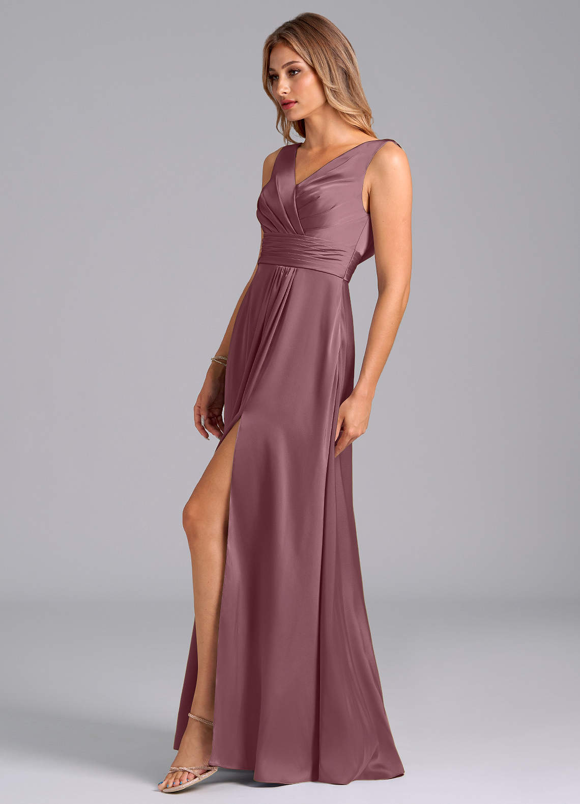 Karina A-Line V-Neck Stretch Satin Bridesmaid Dress in Amethyst