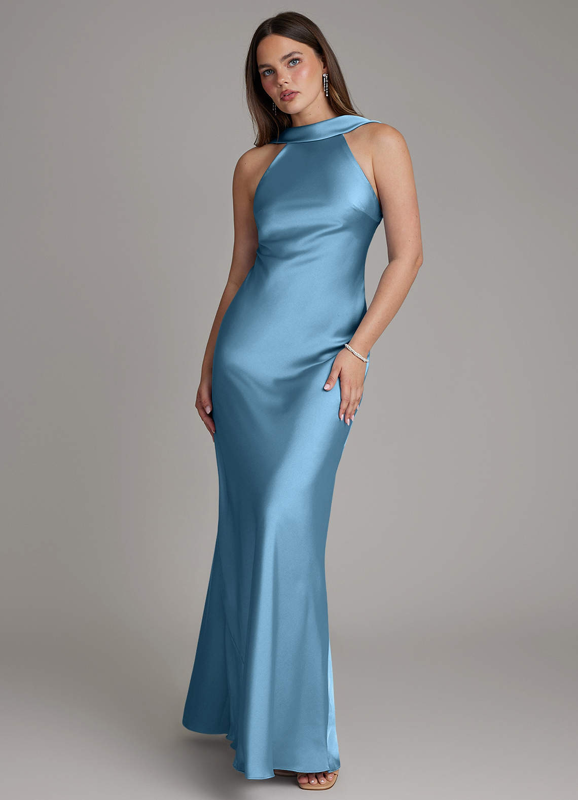 Dimitra Sheath Halter Stretch Satin Bridesmaid Dress in Steel Blue