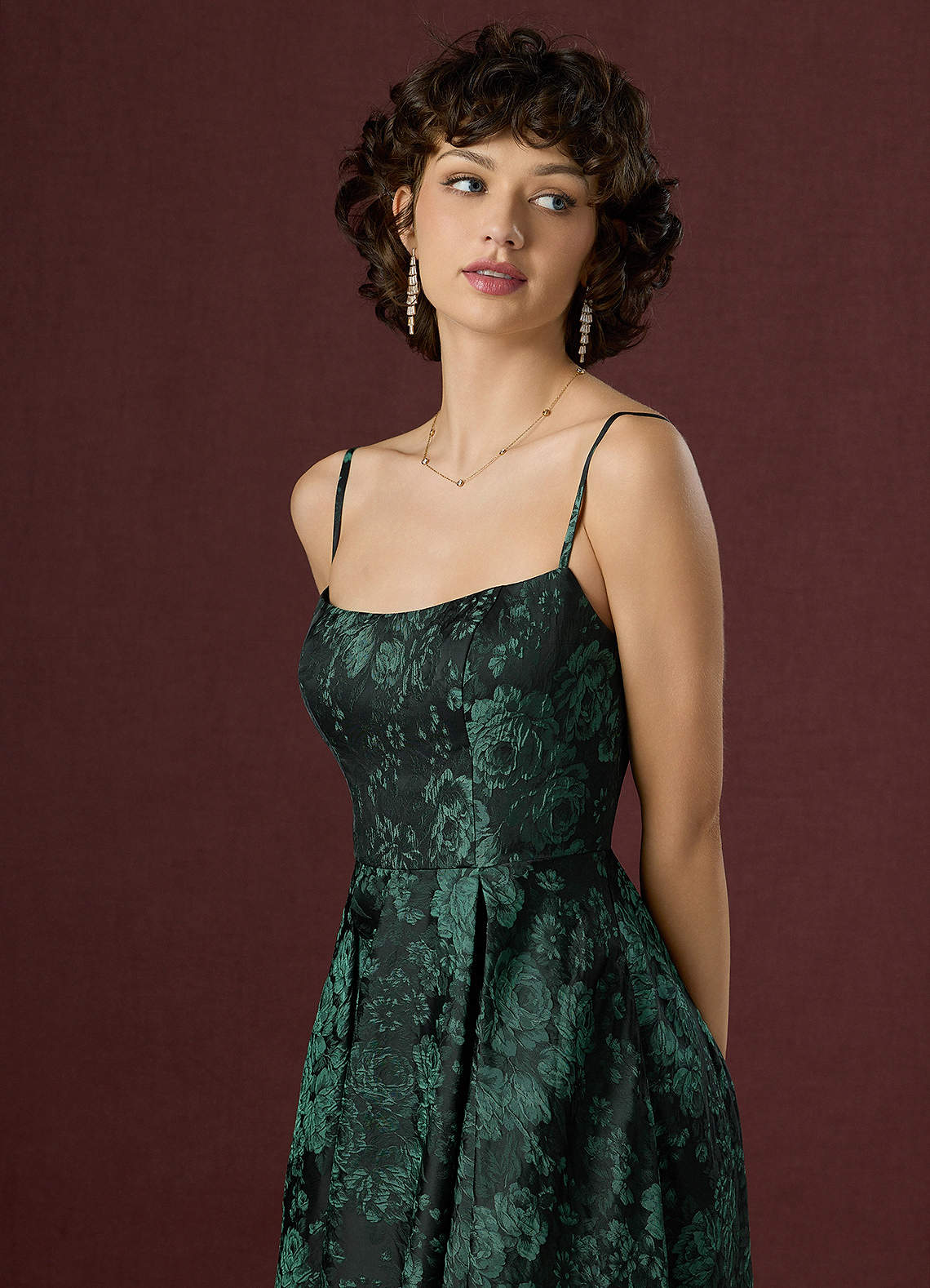 Wendy A-Line V-Back Jacquard Wedding Guest Dress in Black Emerald