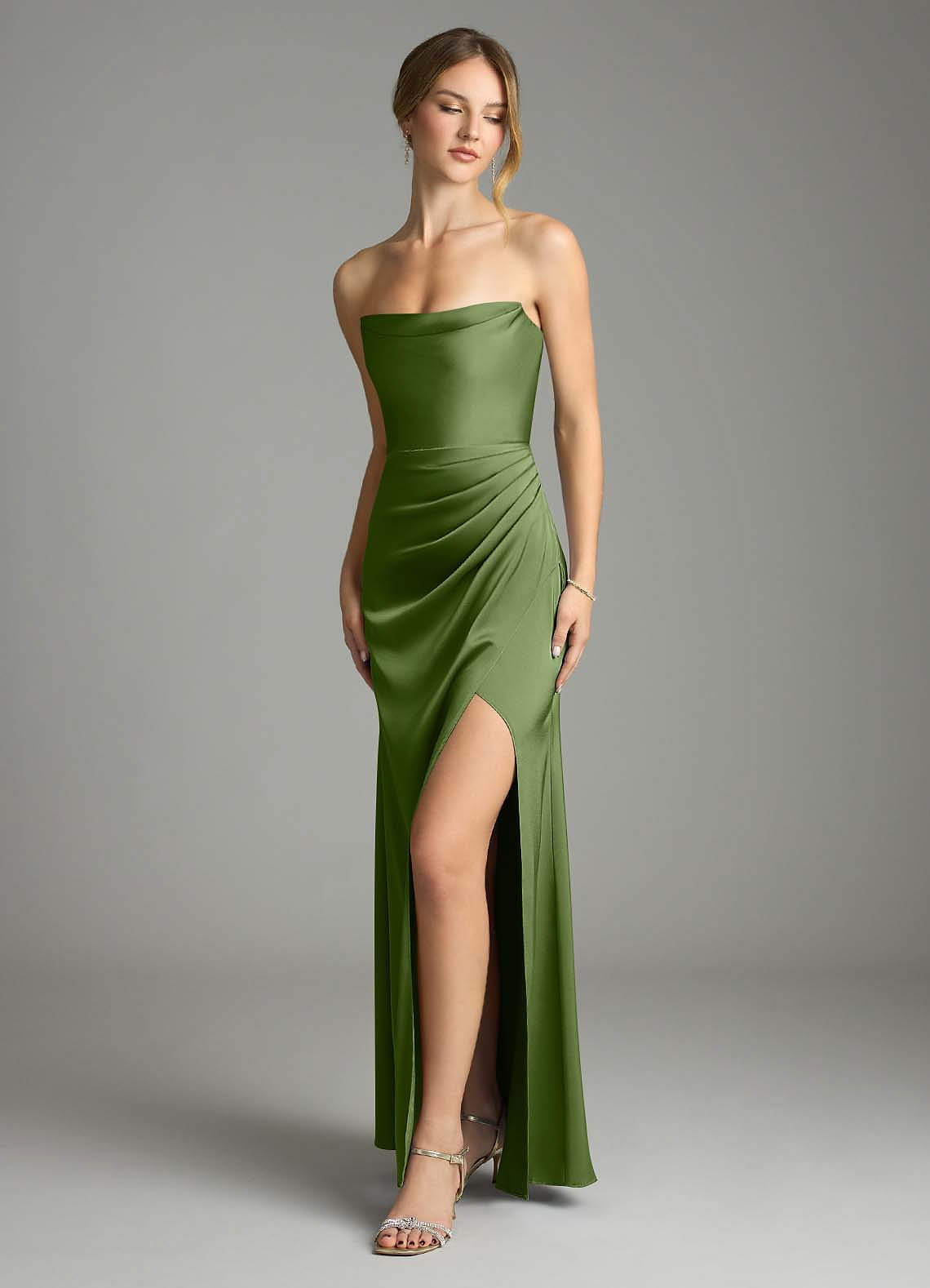 Leonis Mermaid Cowl-Neck Stretch Satin Bridesmaid Dress in Juniper