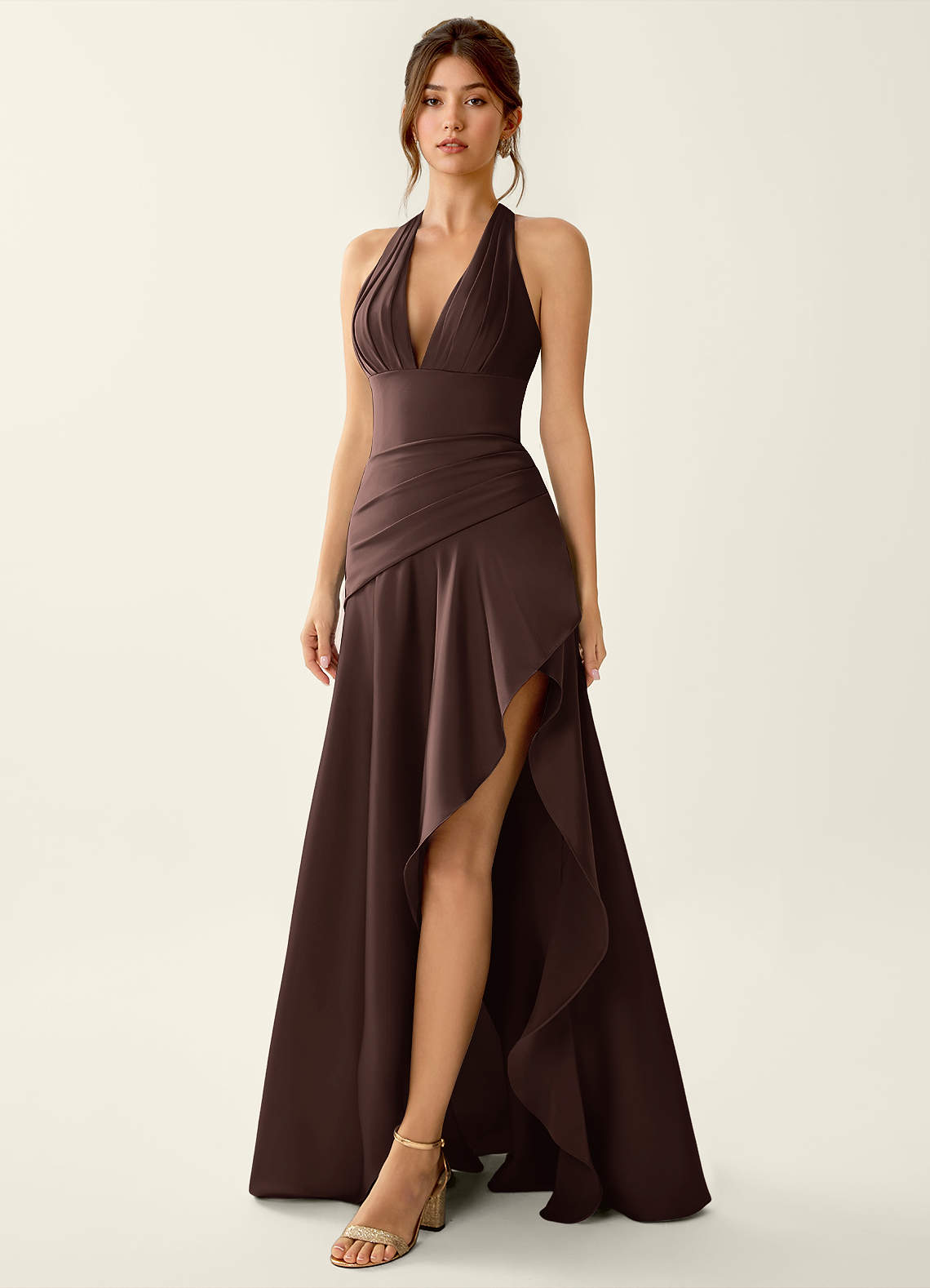 Titania Halter Asymmetric-Ruffle Satin Evening Dress in Pastel Yellow