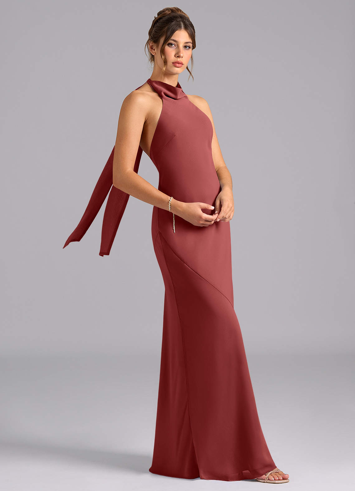 Velli Mermaid Halter Chiffon Bridesmaid Dress in Terracotta