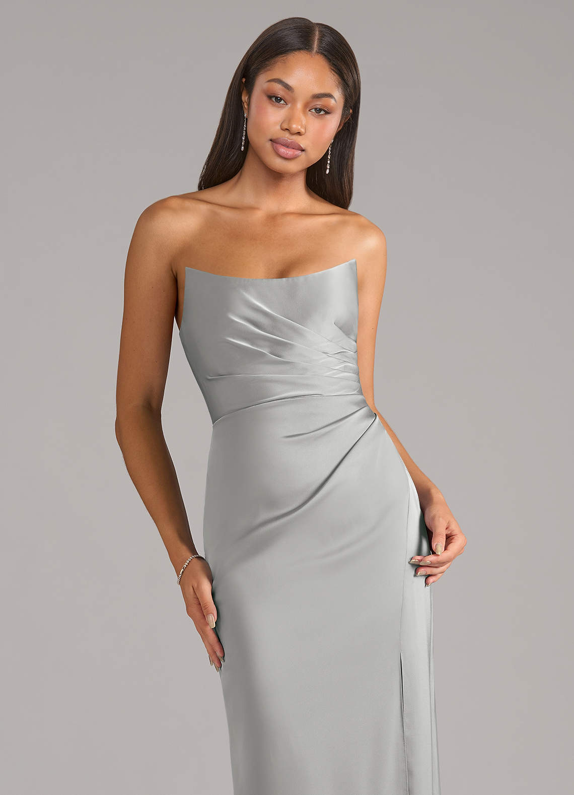 Marla Sheath Strapless Stretch Satin Bridesmaid Dress in Silver