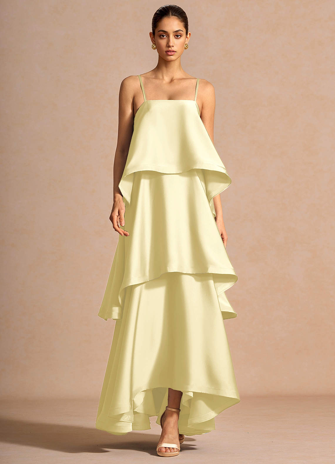 Itasca A-Line Tiered Stretch Satin Wedding Guest Dress in Butter Yellow