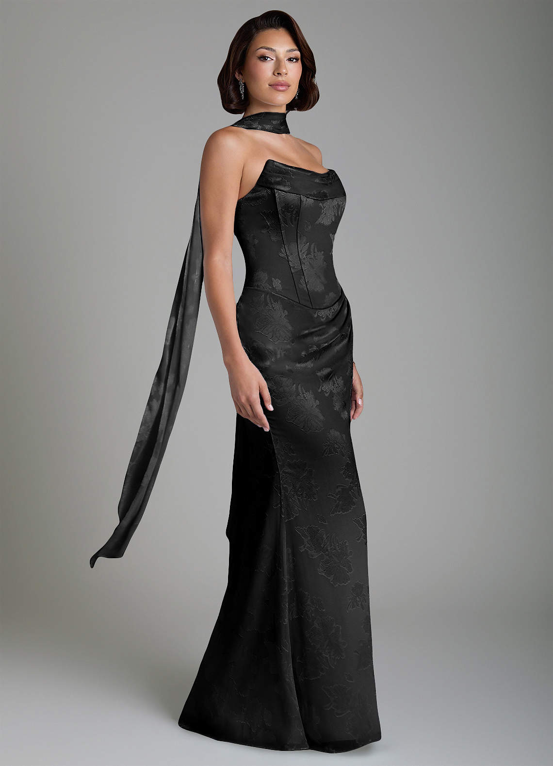 Ariah Mermaid Cowl-Neck Jacquard Bridesmaid Dress in Black