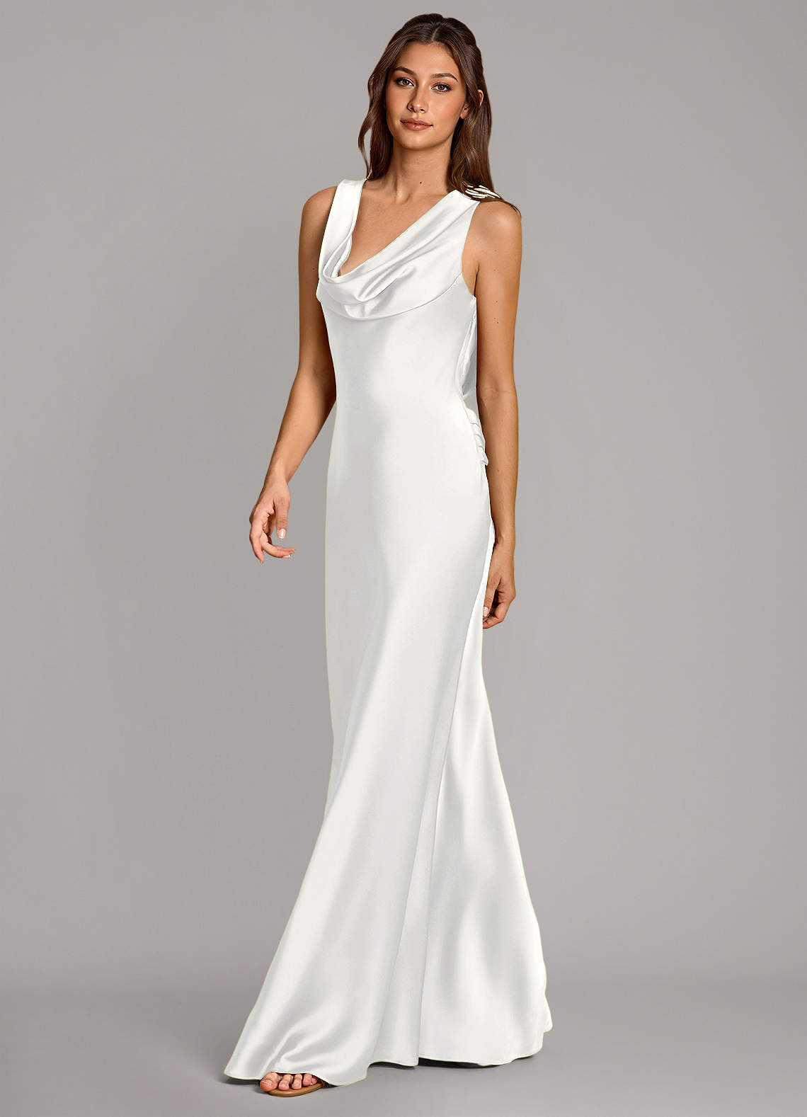 Cheryl Mermaid Cowl-Neck Stretch Satin Bridesmaid Dress in white