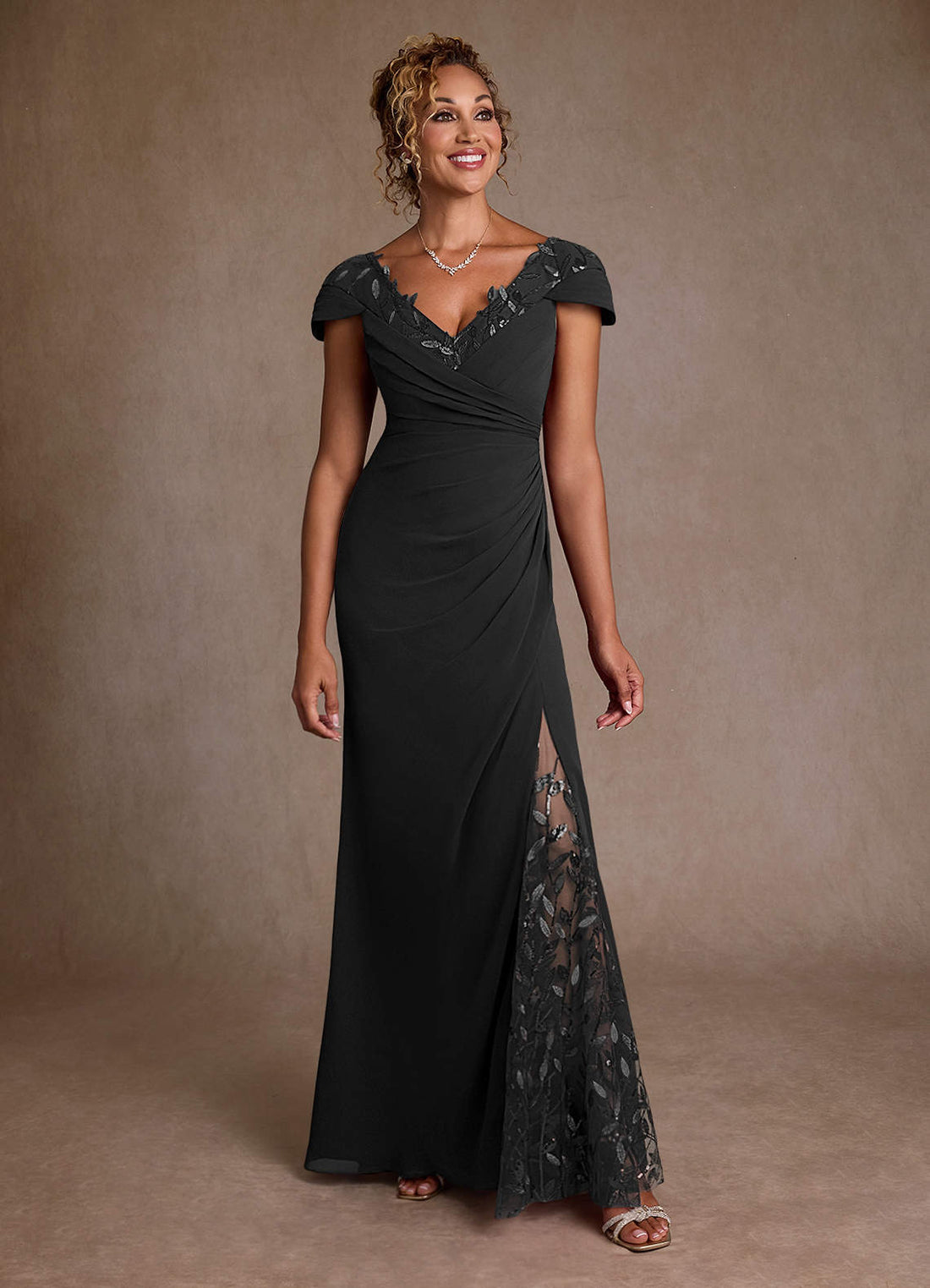 Betania Mermaid V-Neck Chiffon and Sequins Mother of the Bride Dress in Black - view 1