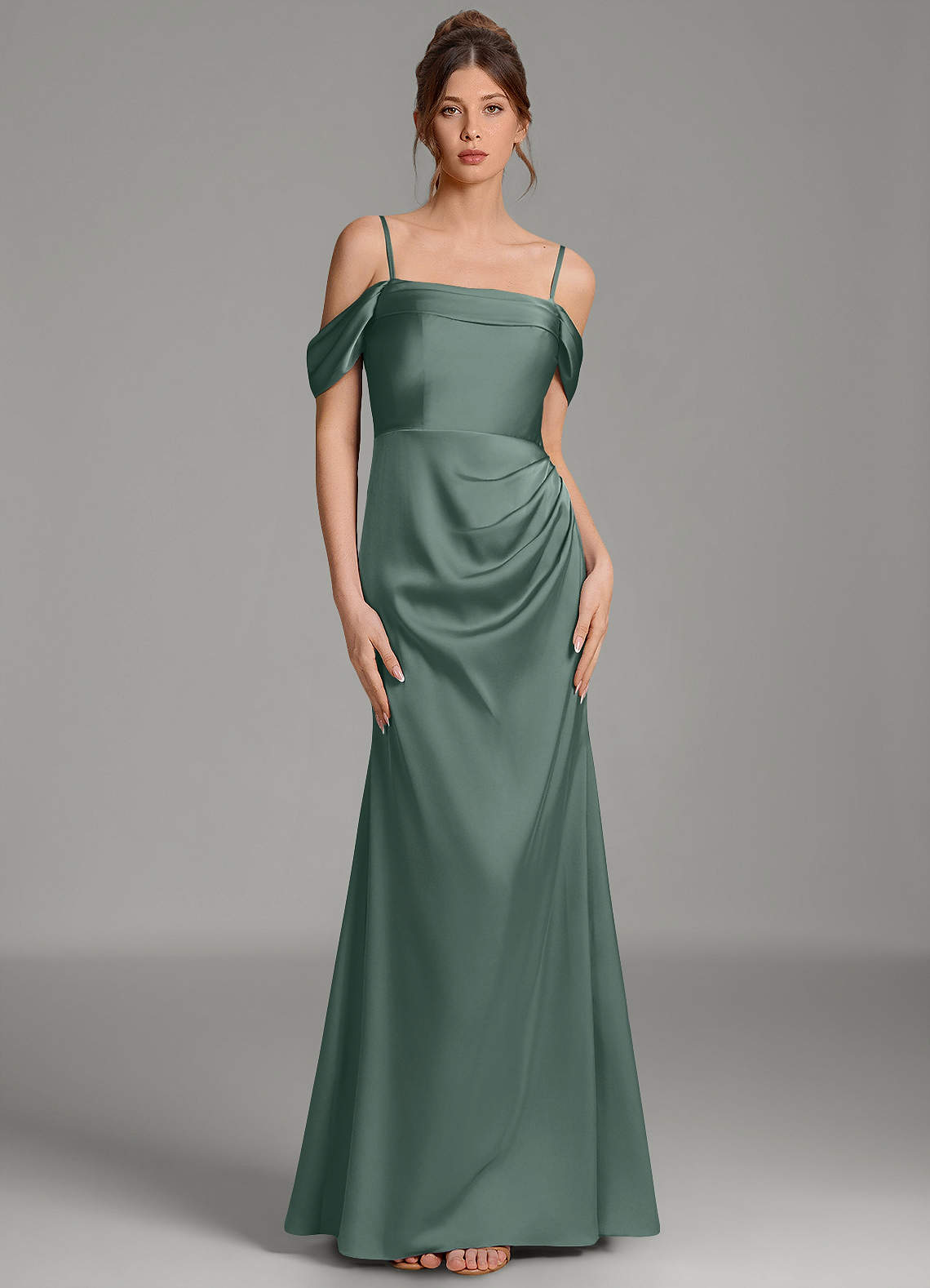 Wyatt Mermaid Off-the-Shoulder Stretch Satin Bridesmaid Dress in Sea Moss