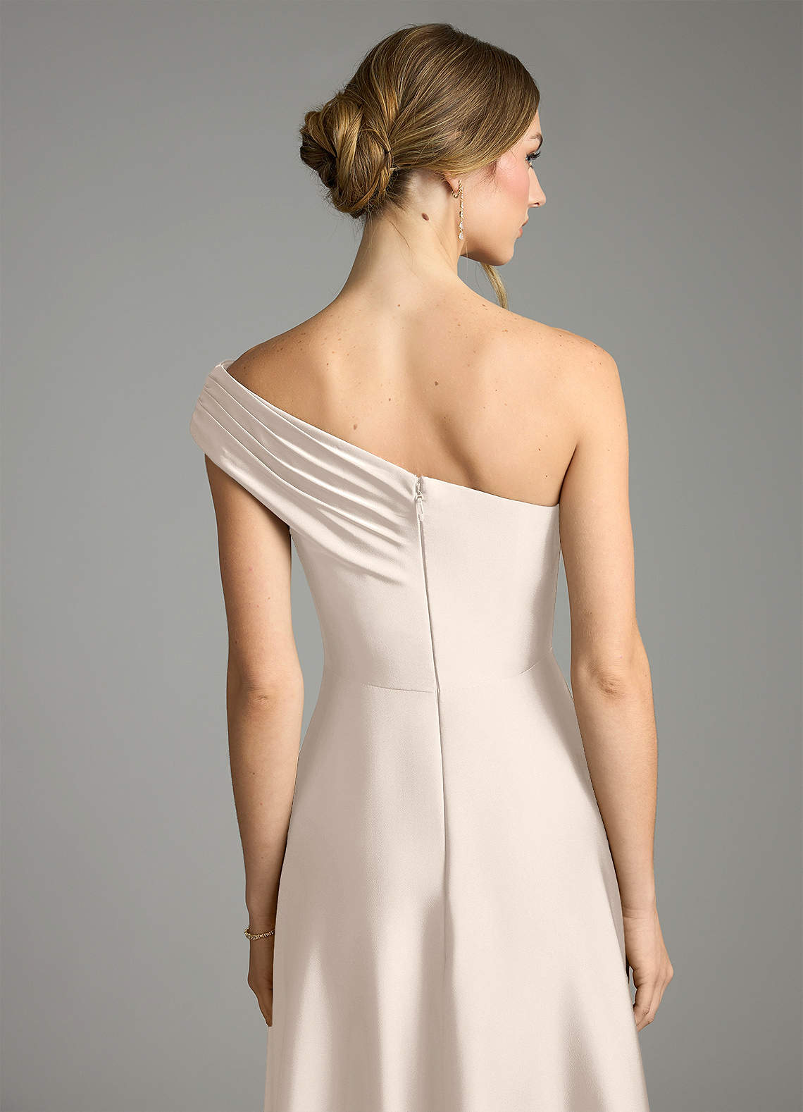 Melanie A-Line One-Shoulder Stretch Satin Bridesmaid Dress in White Alabaster