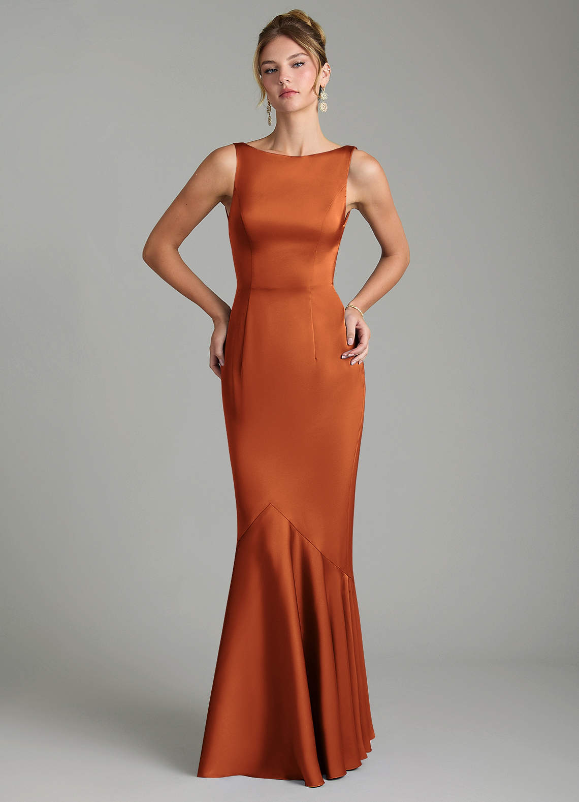 Tamera Mermaid Boat-Neck Stretch Satin and Chiffon Bridesmaid Dress in Cinnamon