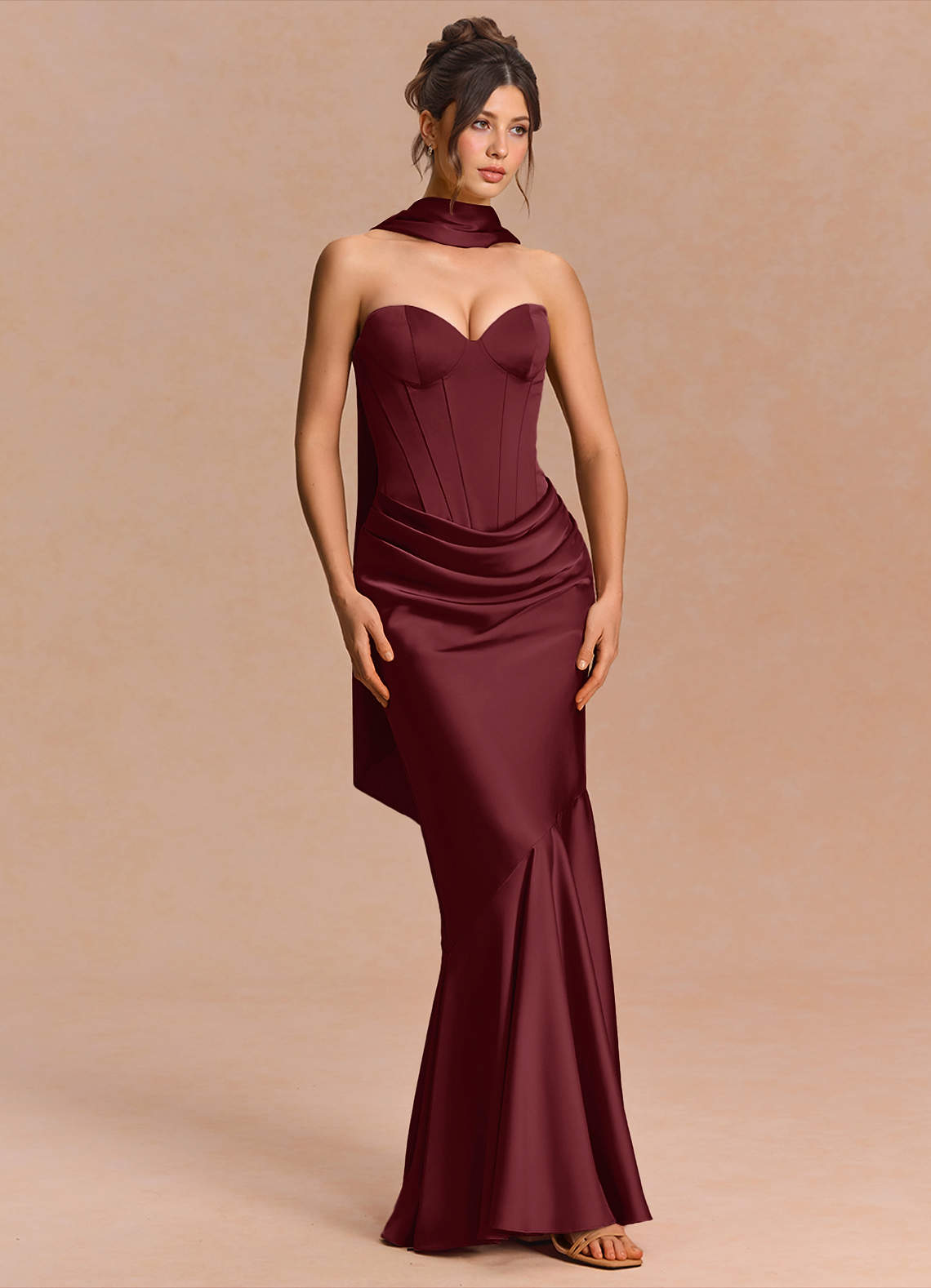 Euphemia Mermaid Strapless Stretch Satin Evening Dress in Wine