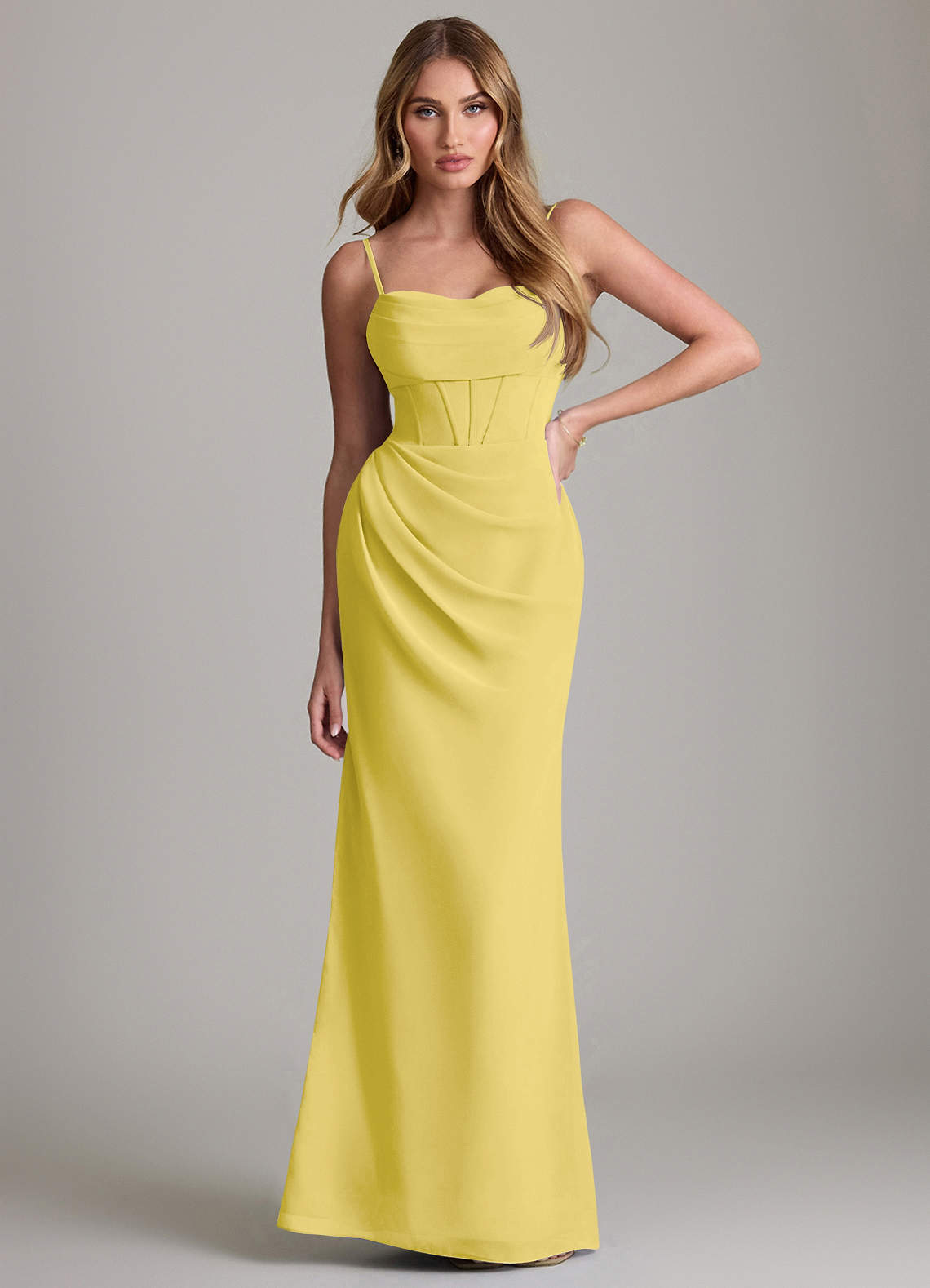 Mai Sheath Cowl-Neck Chiffon Bridesmaid Dress in Canary