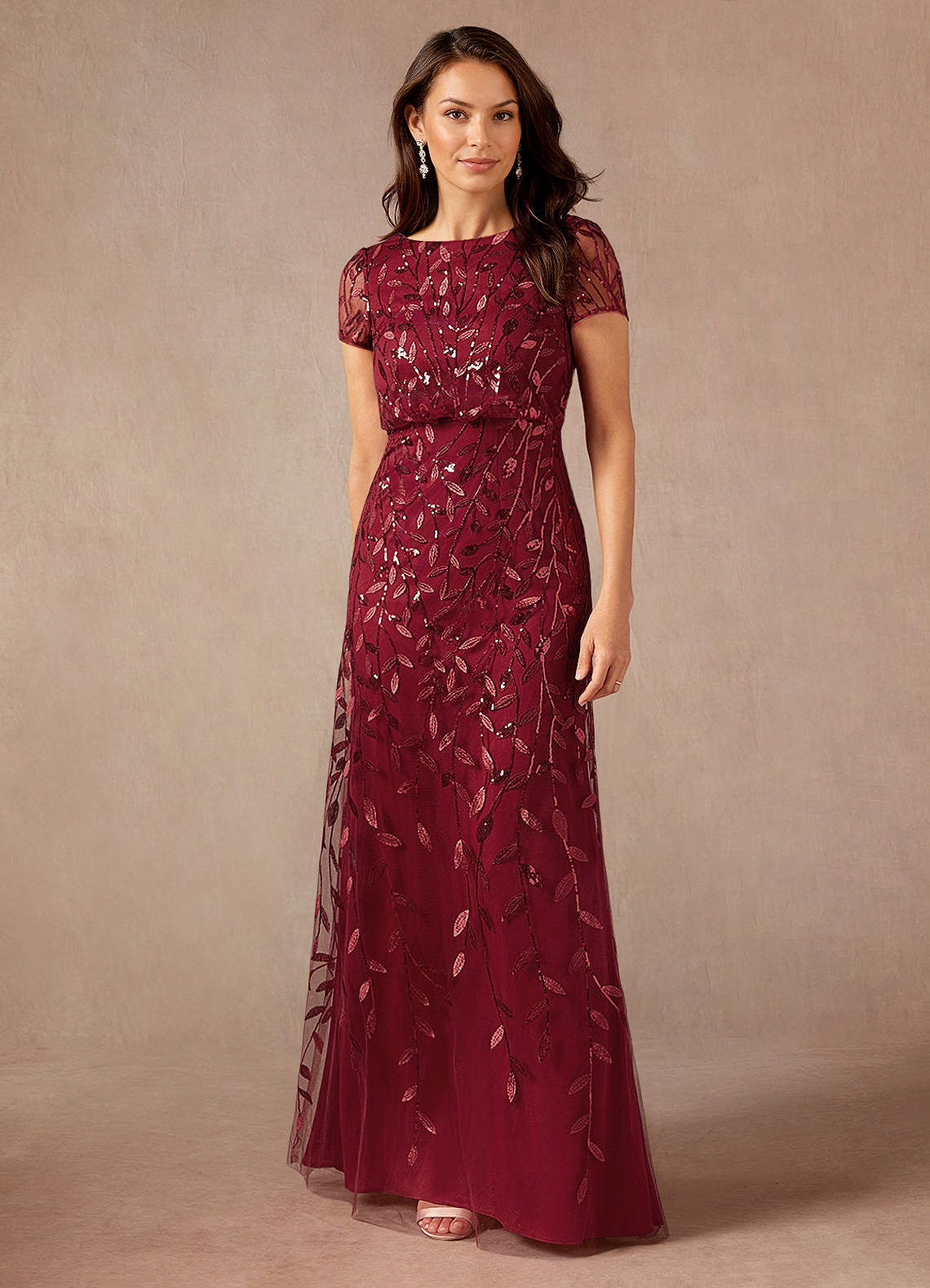 Lehi A-Line Boat-Neck Sequined Tulle Mother of the Bride Dress in Cabernet
