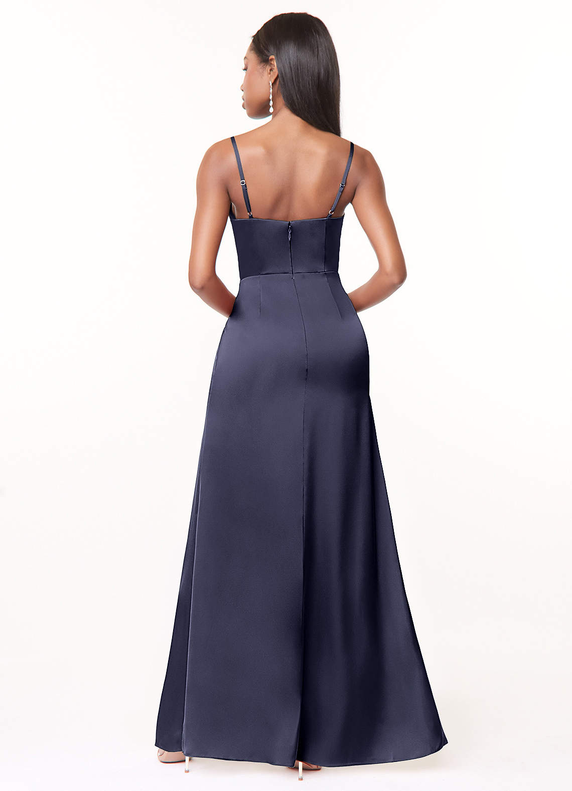 Maci A-Line V-Neck Stretch Satin Bridesmaid Dress in Stormy