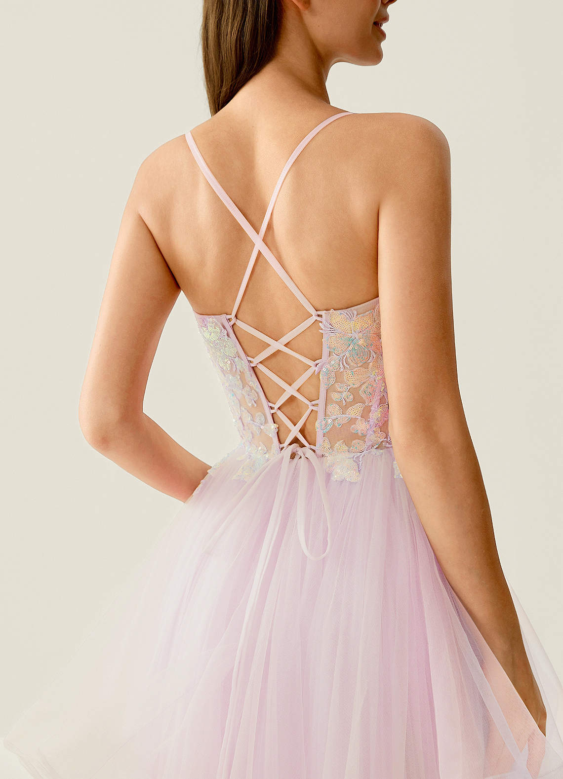Mosaic A-Line V-Neck Tulle Evening Dress in pink